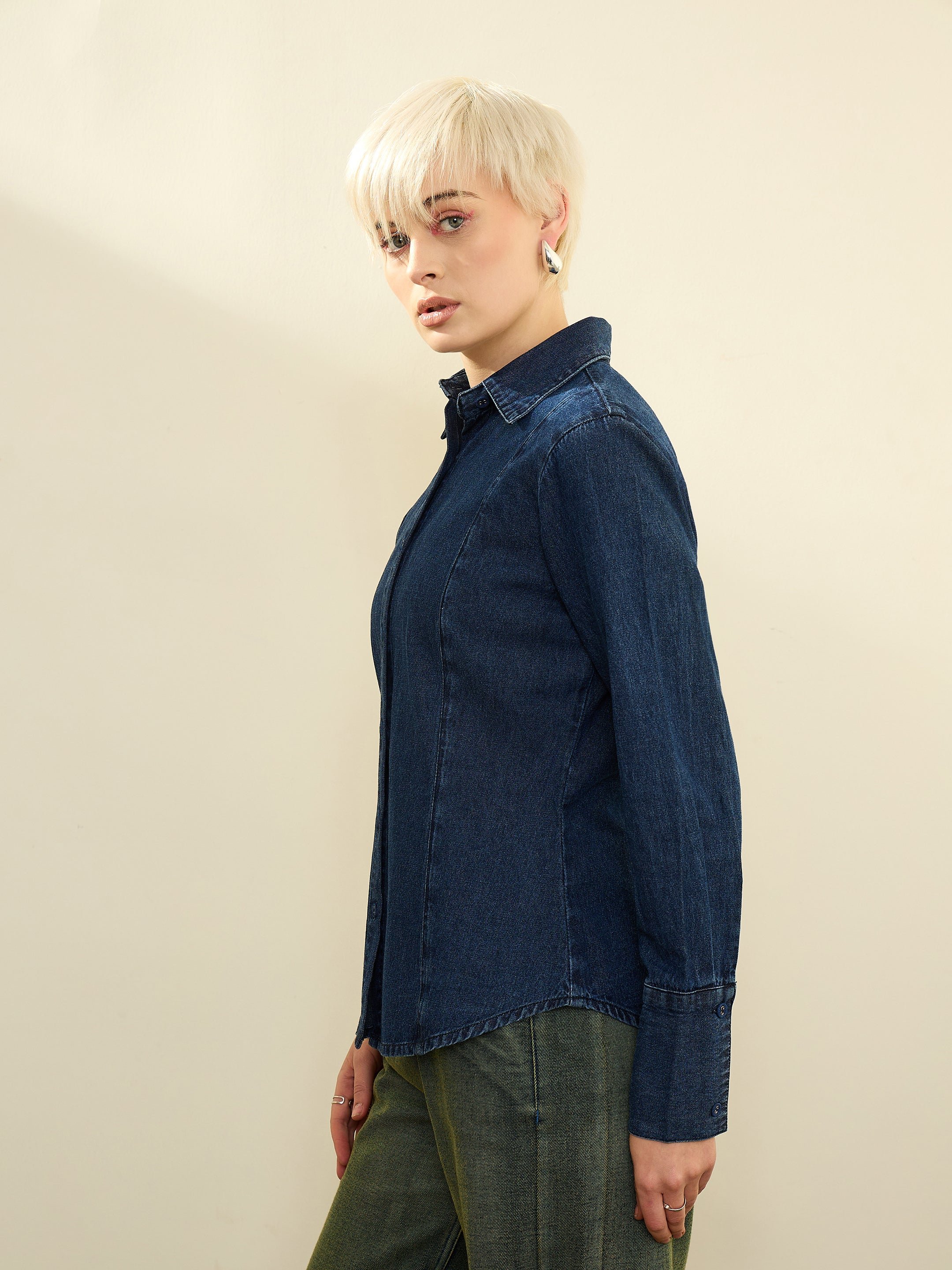 Navy Blue Solid Long Sleeves Denim Slim Fit Shirt