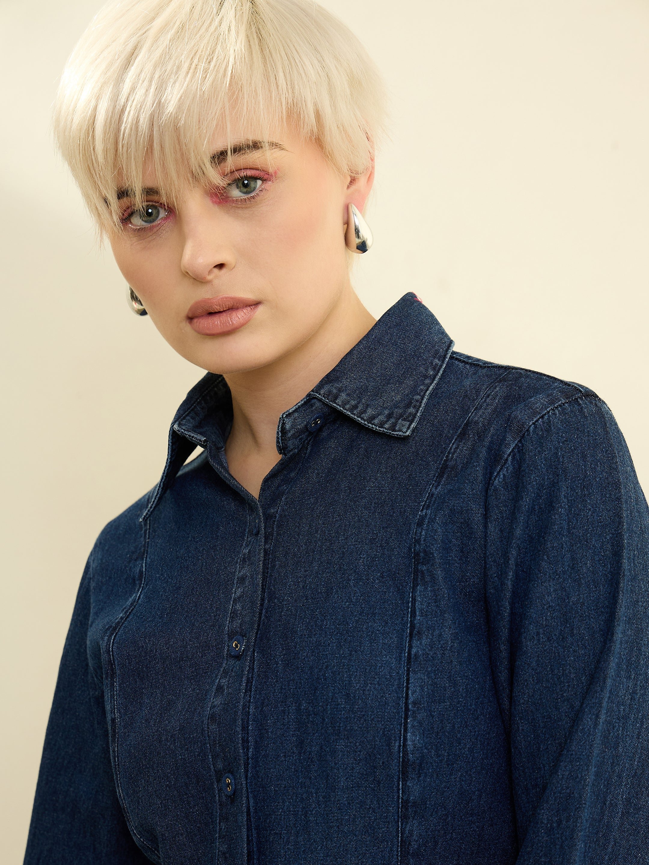 Navy Blue Solid Long Sleeves Denim Slim Fit Shirt