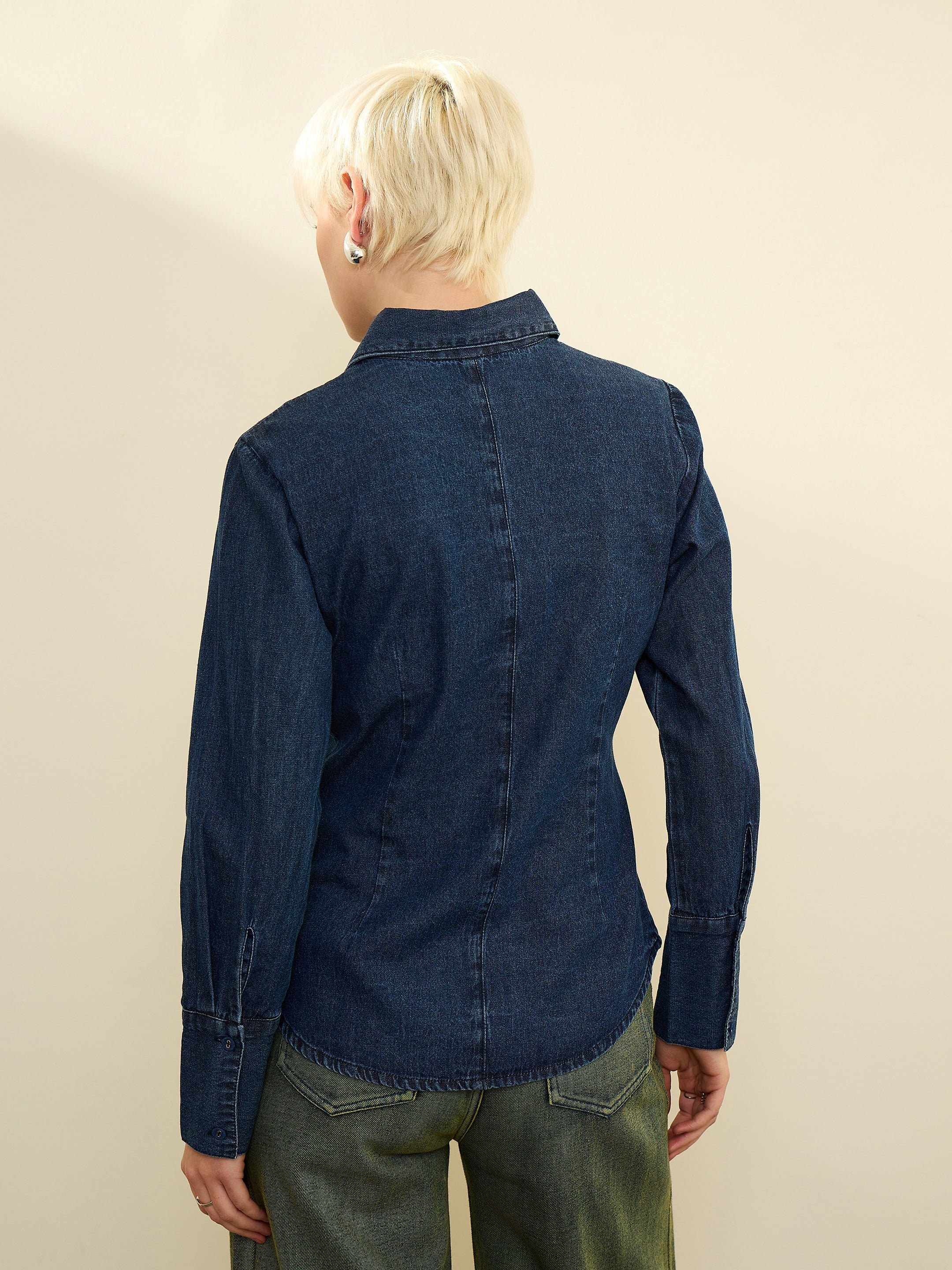 Navy Blue Solid Long Sleeves Denim Slim Fit Shirt