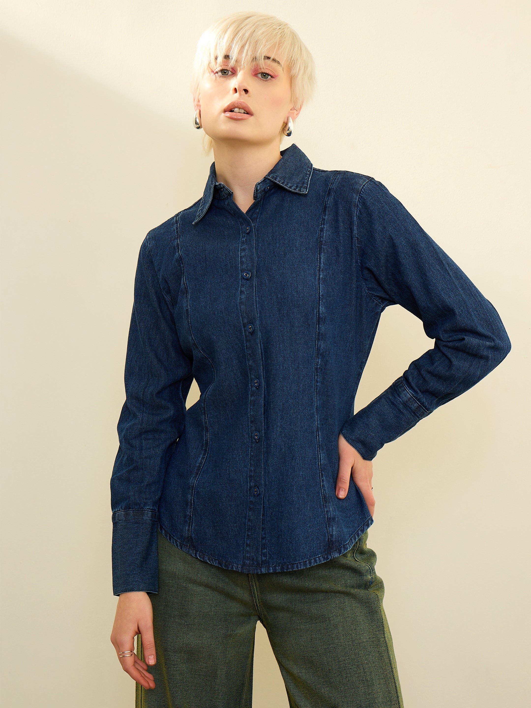 Navy Blue Solid Long Sleeves Denim Slim Fit Shirt
