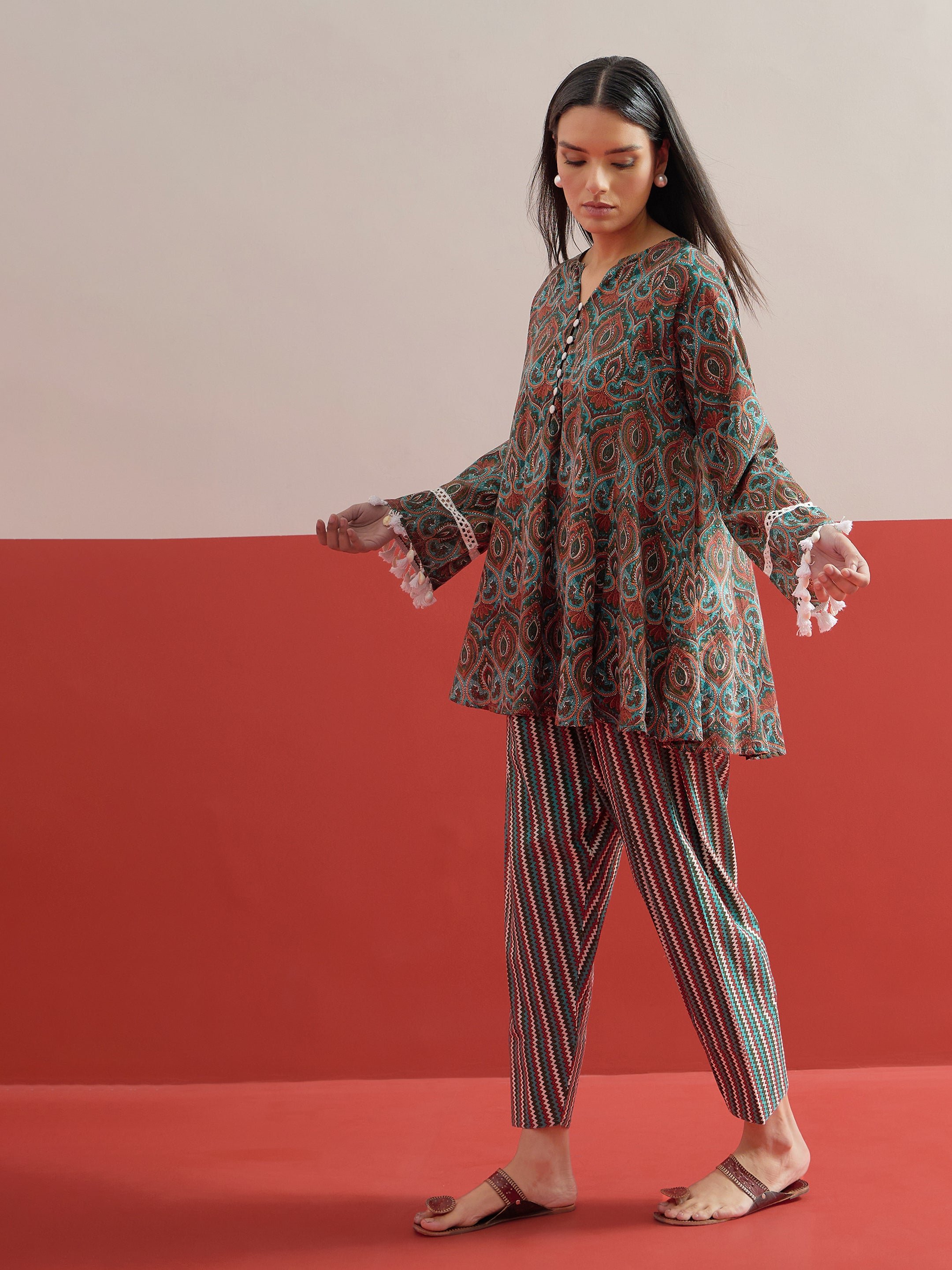 Green Floral Choga Kurta with Salwar Set