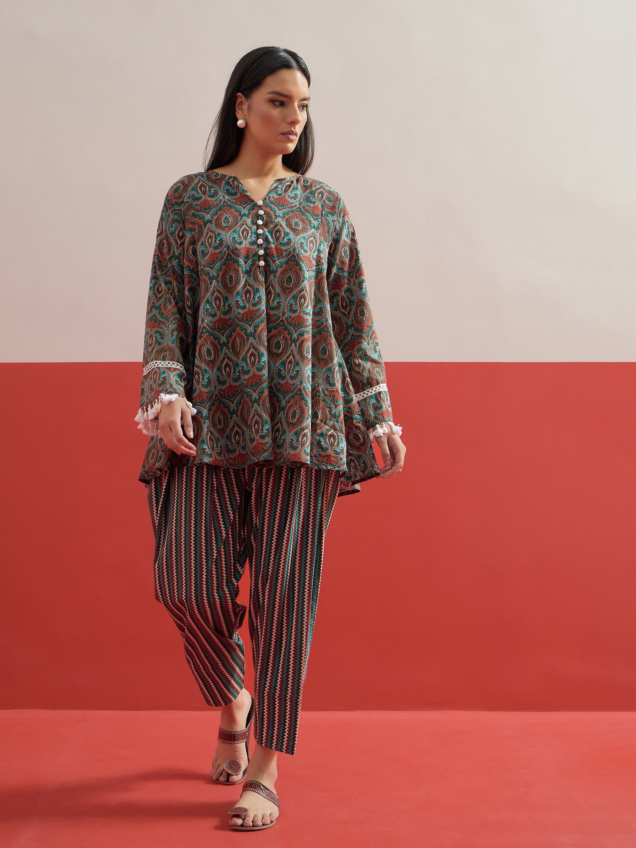 Green Floral Choga Kurta with Salwar Set