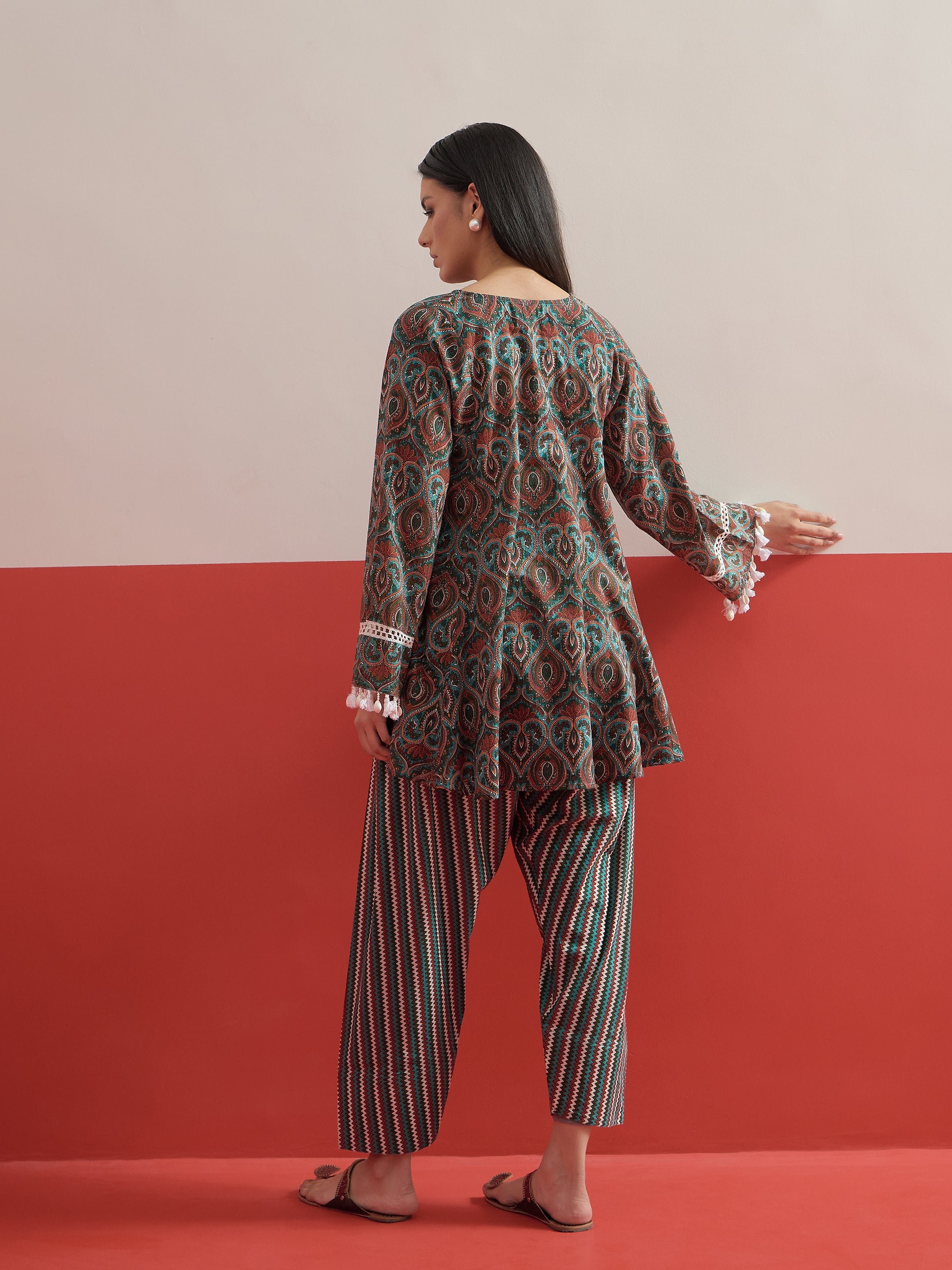 Green Floral Choga Kurta with Salwar Set