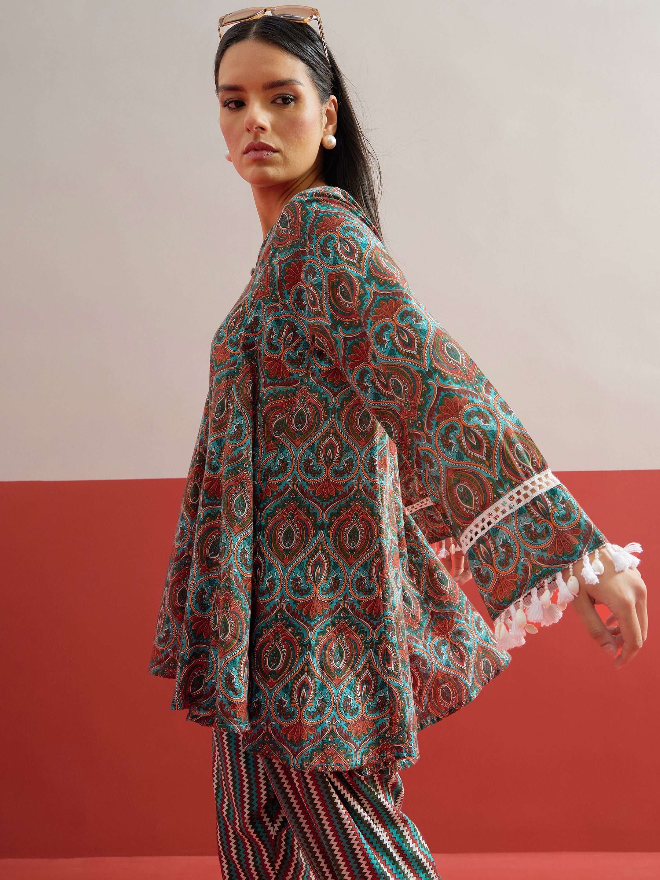 Green Floral Choga Kurta with Salwar Set