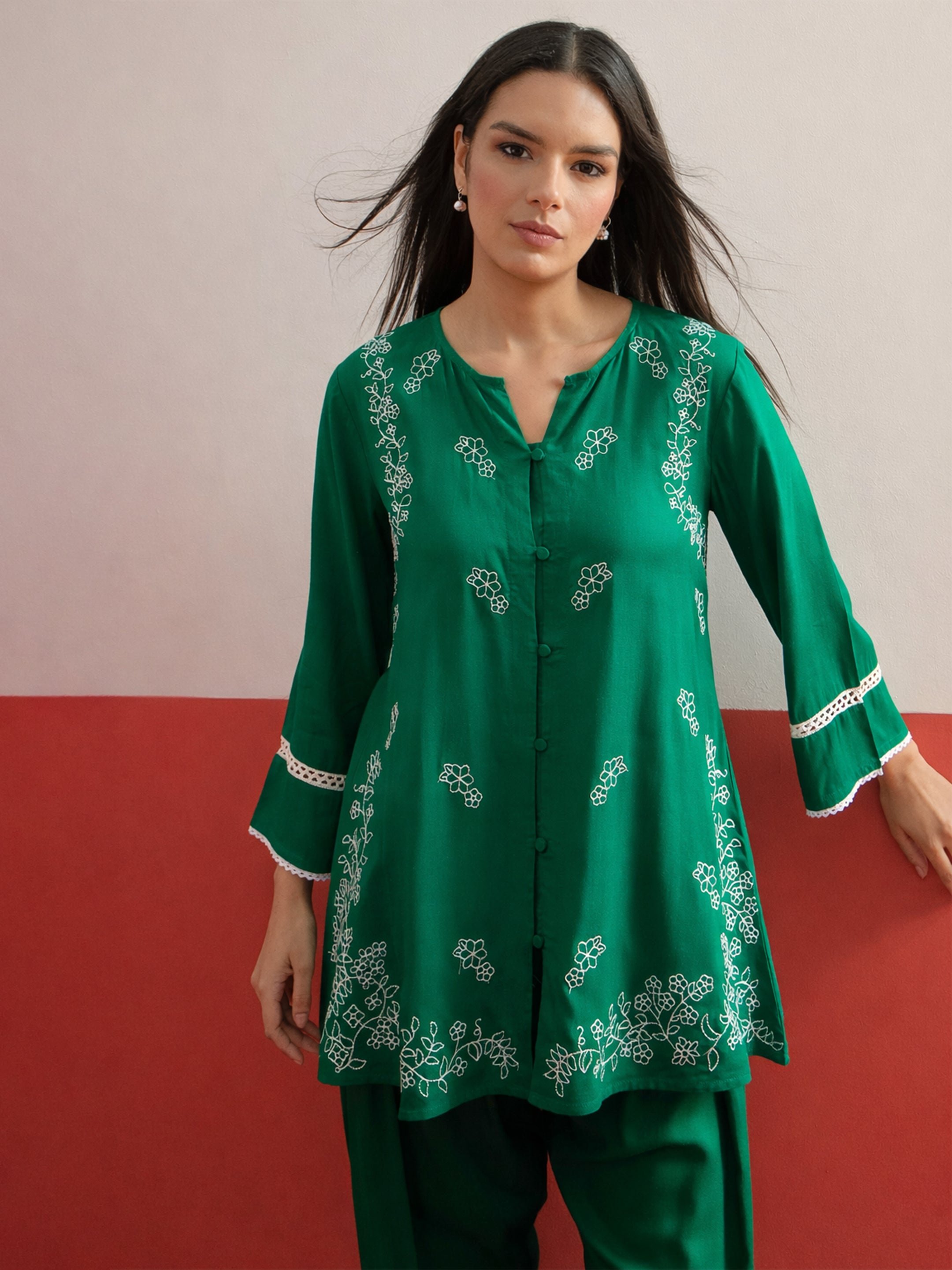 Green Embroidered Button Down Kurti and Pharsi Salwar Set