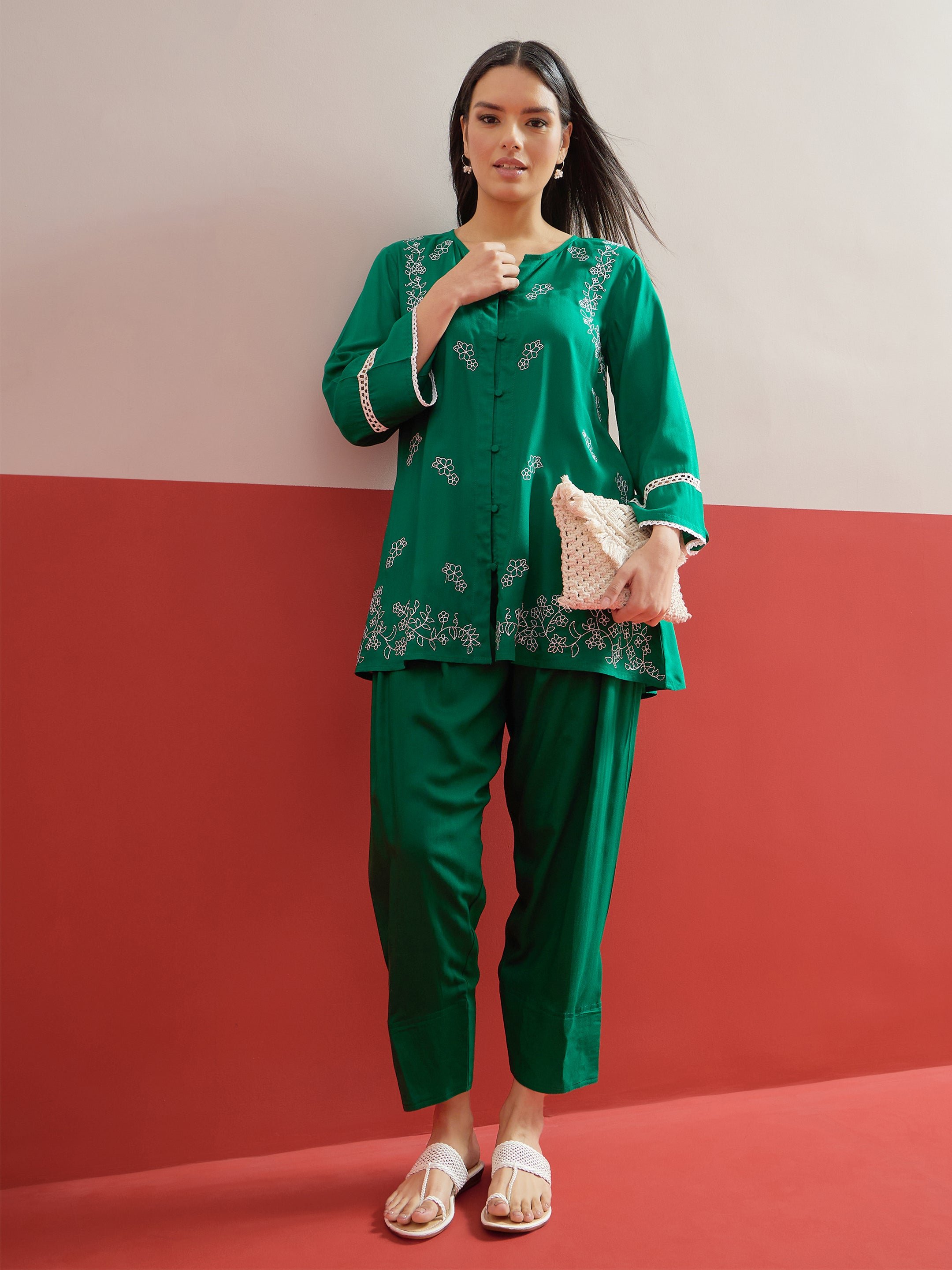 Green Embroidered Button Down Kurti and Pharsi Salwar Set