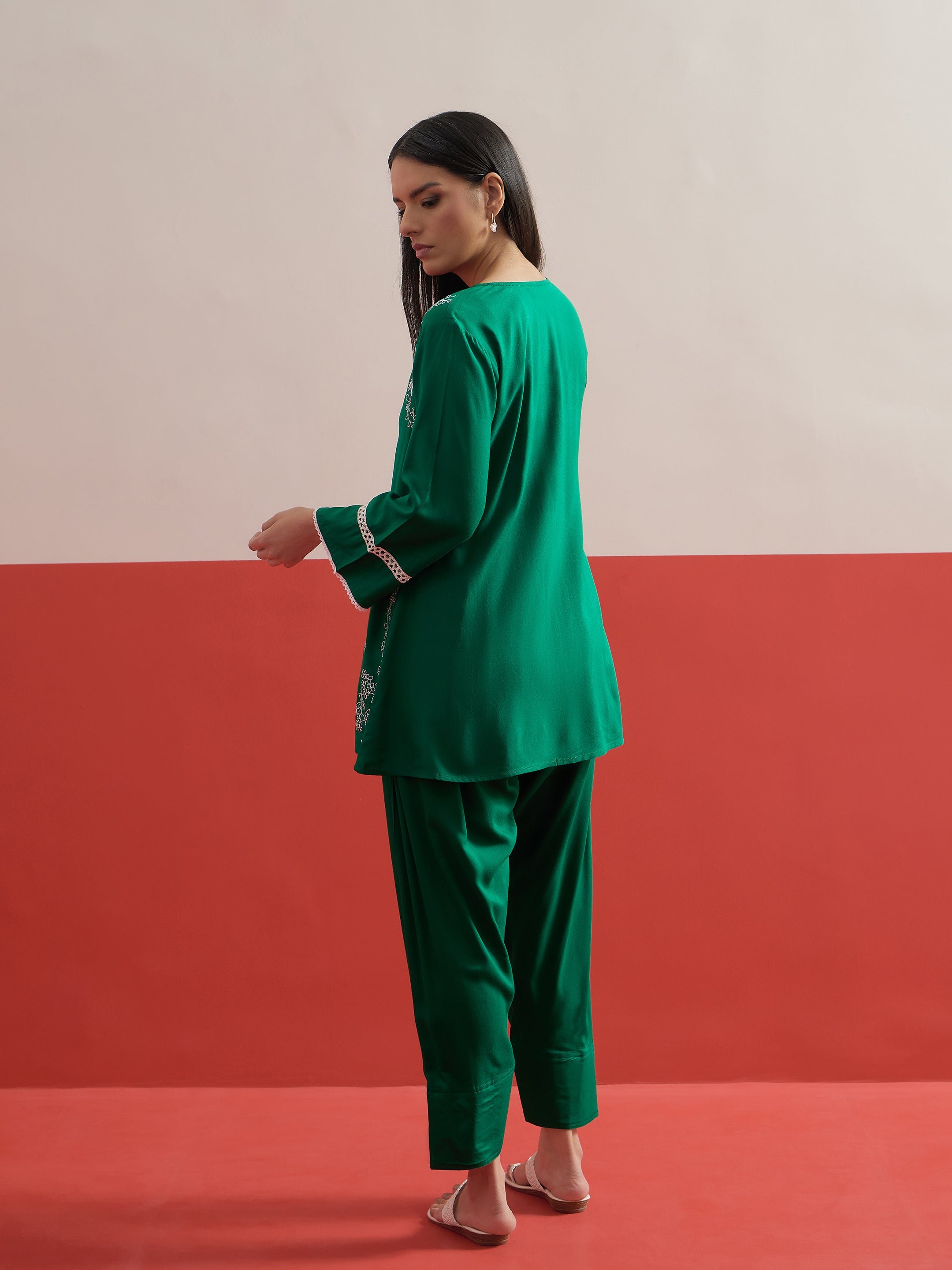 Green Embroidered Button Down Kurti and Pharsi Salwar Set