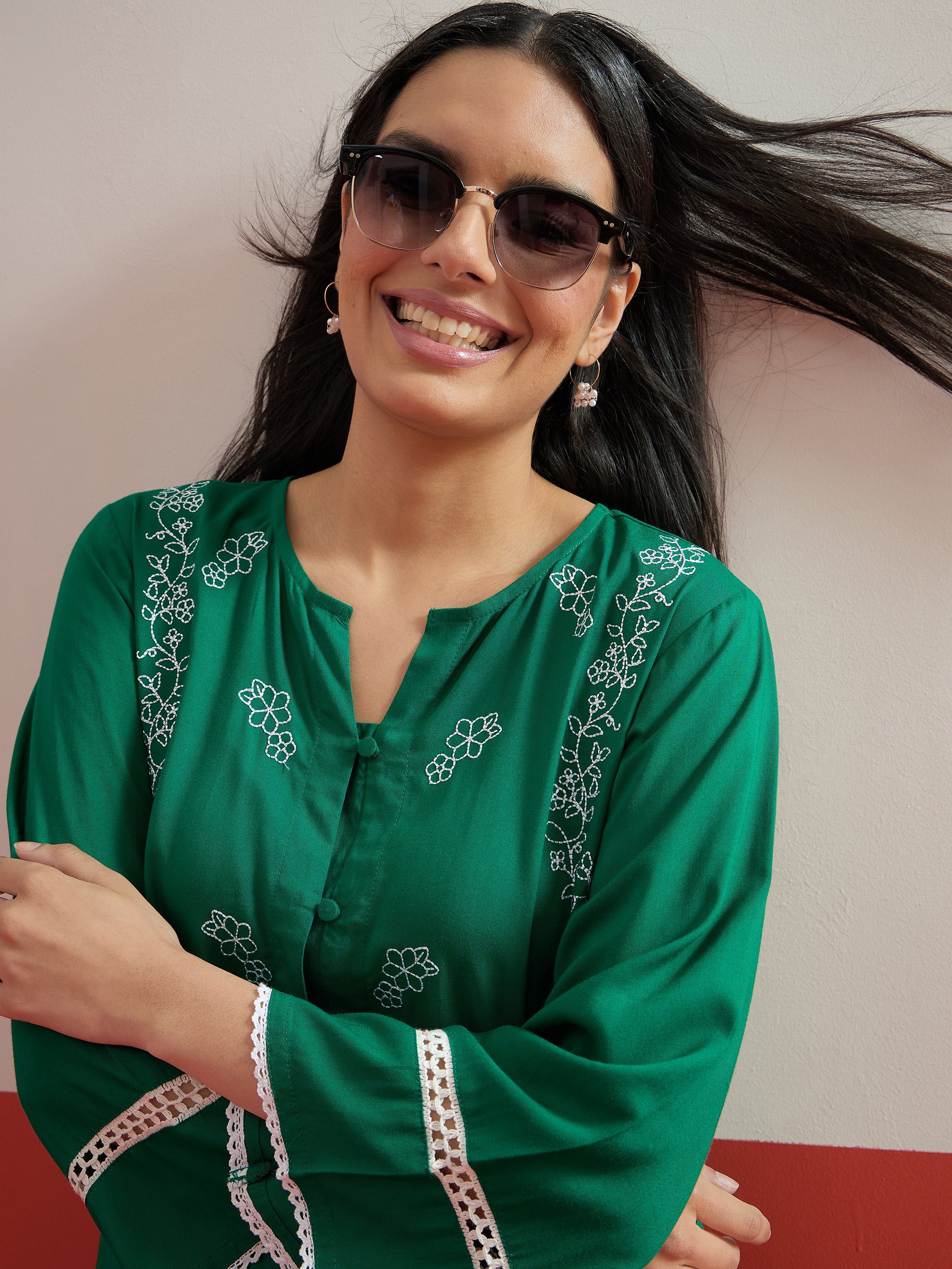 Green Embroidered Button Down Kurti and Pharsi Salwar Set