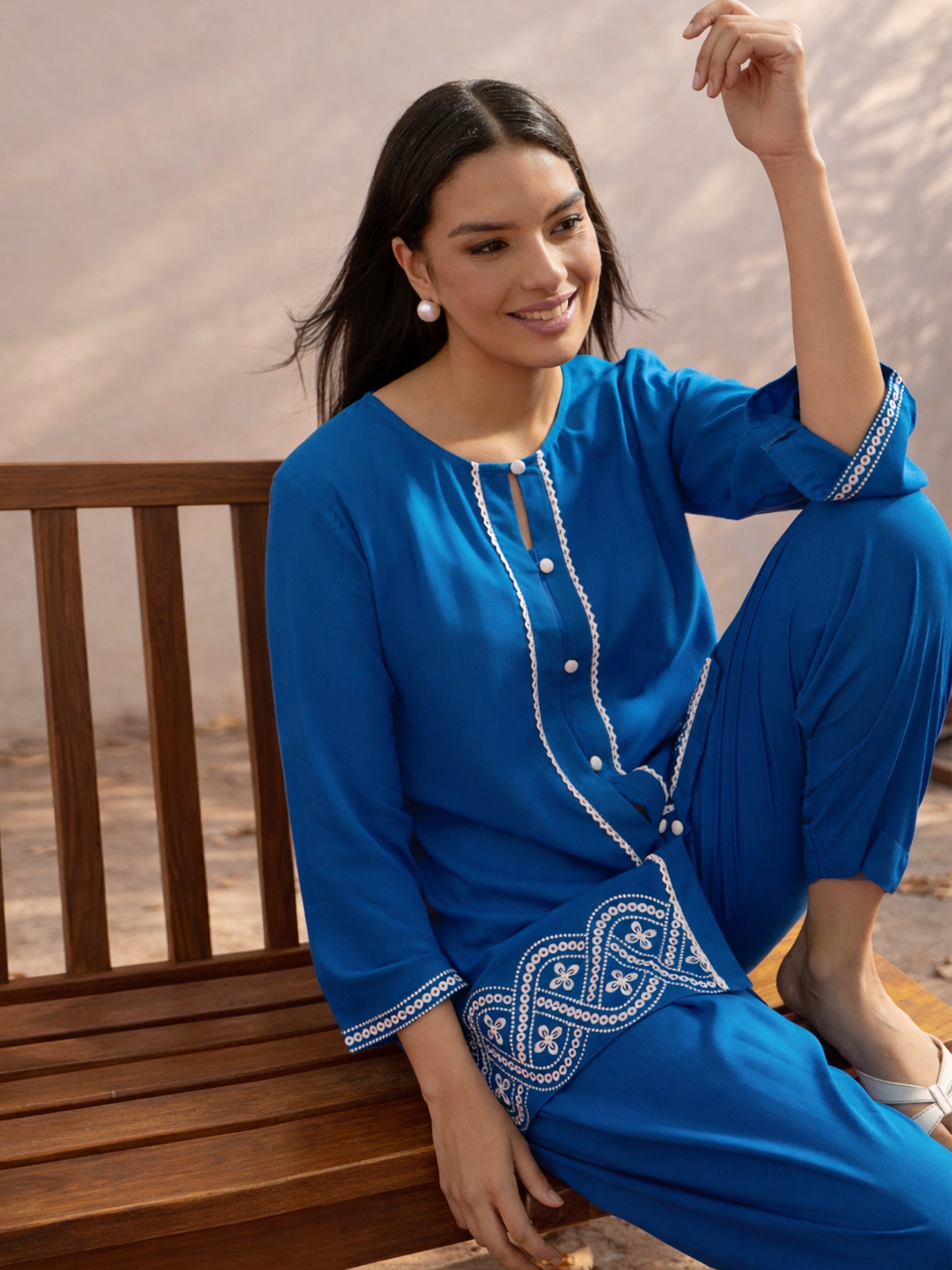 Blue Embroidered Button Down Short Kurti with Salwar Set