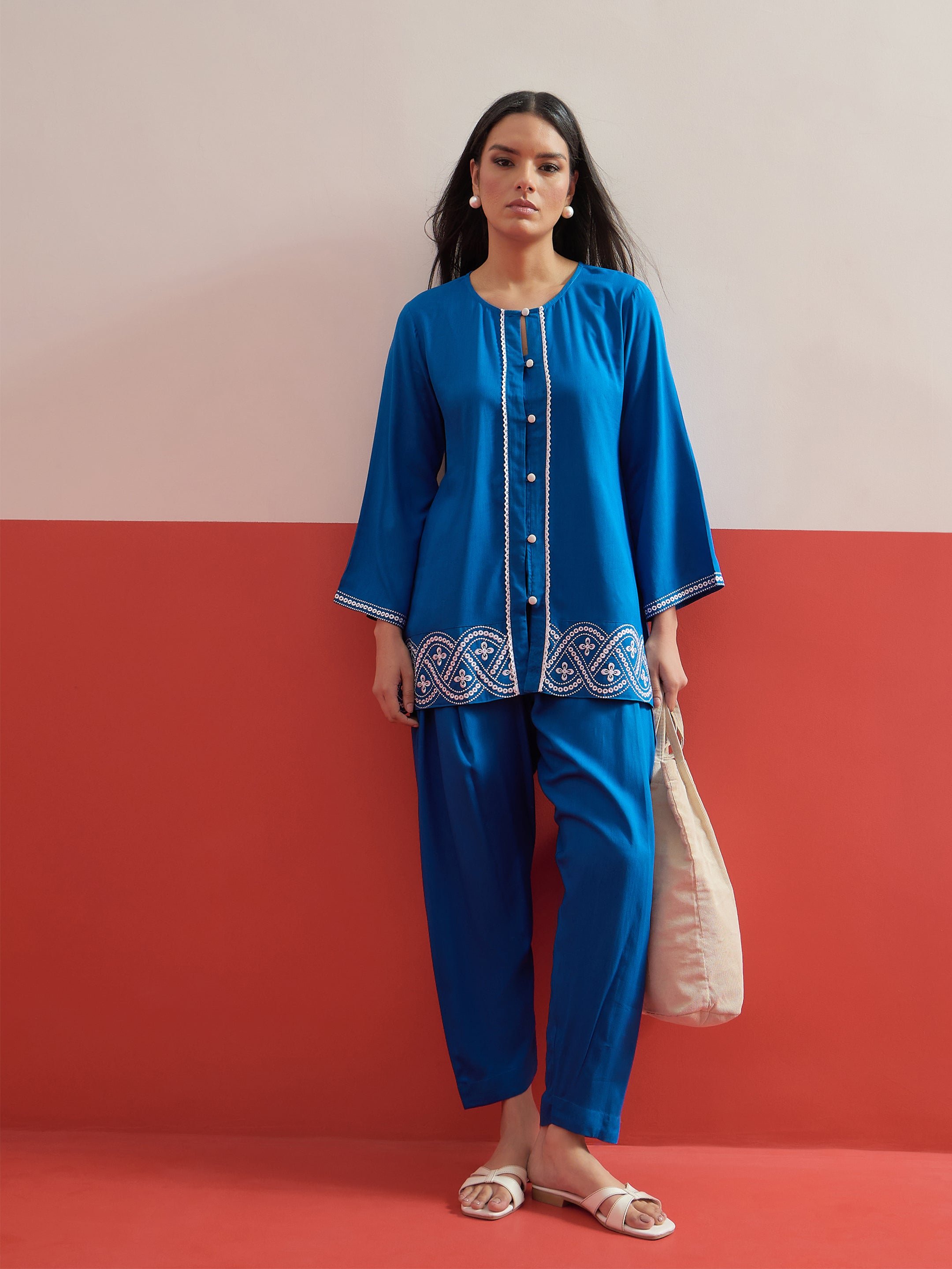 Blue Embroidered Button Down Short Kurti with Salwar Set