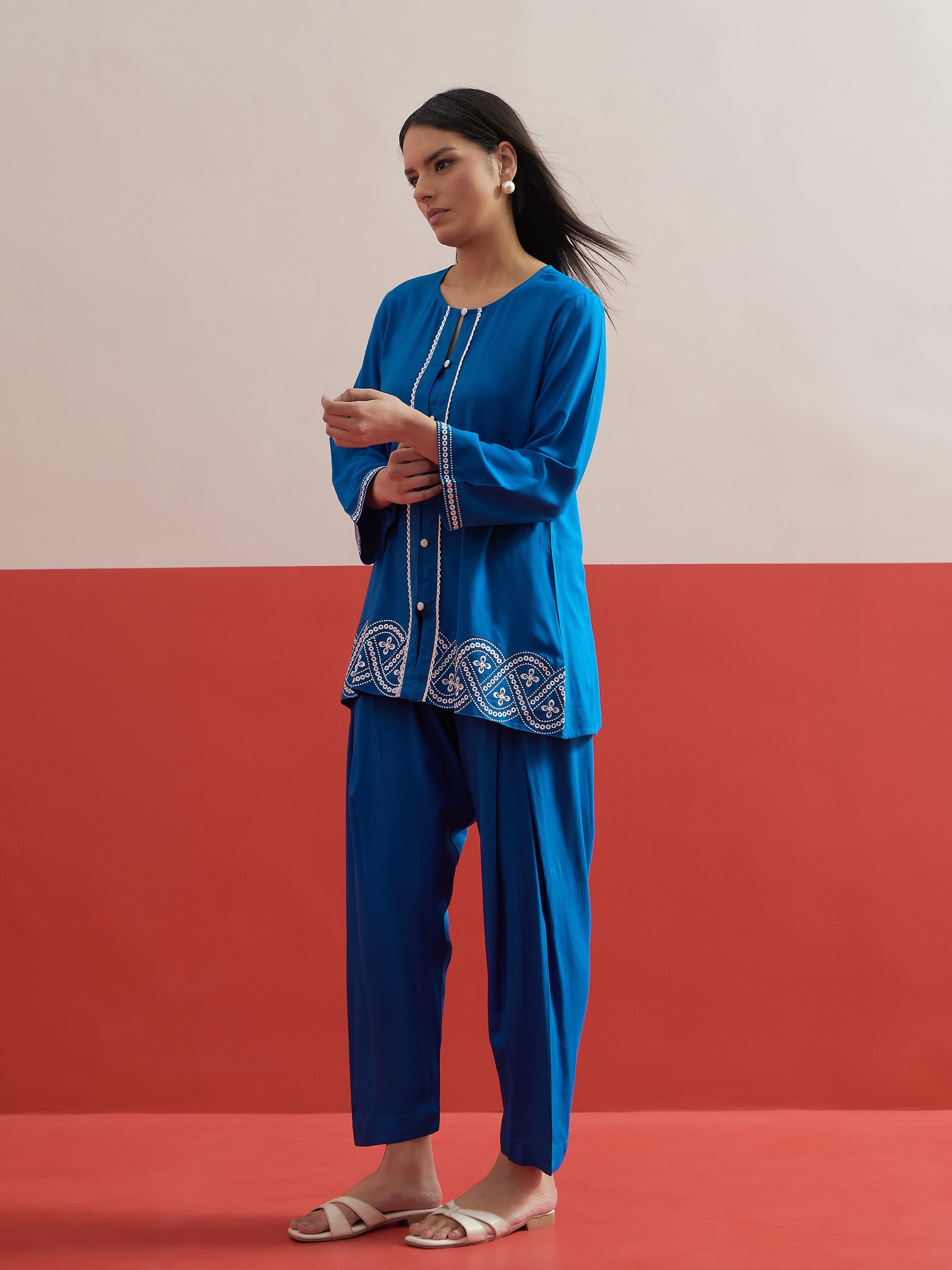 Blue Embroidered Button Down Short Kurti with Salwar Set
