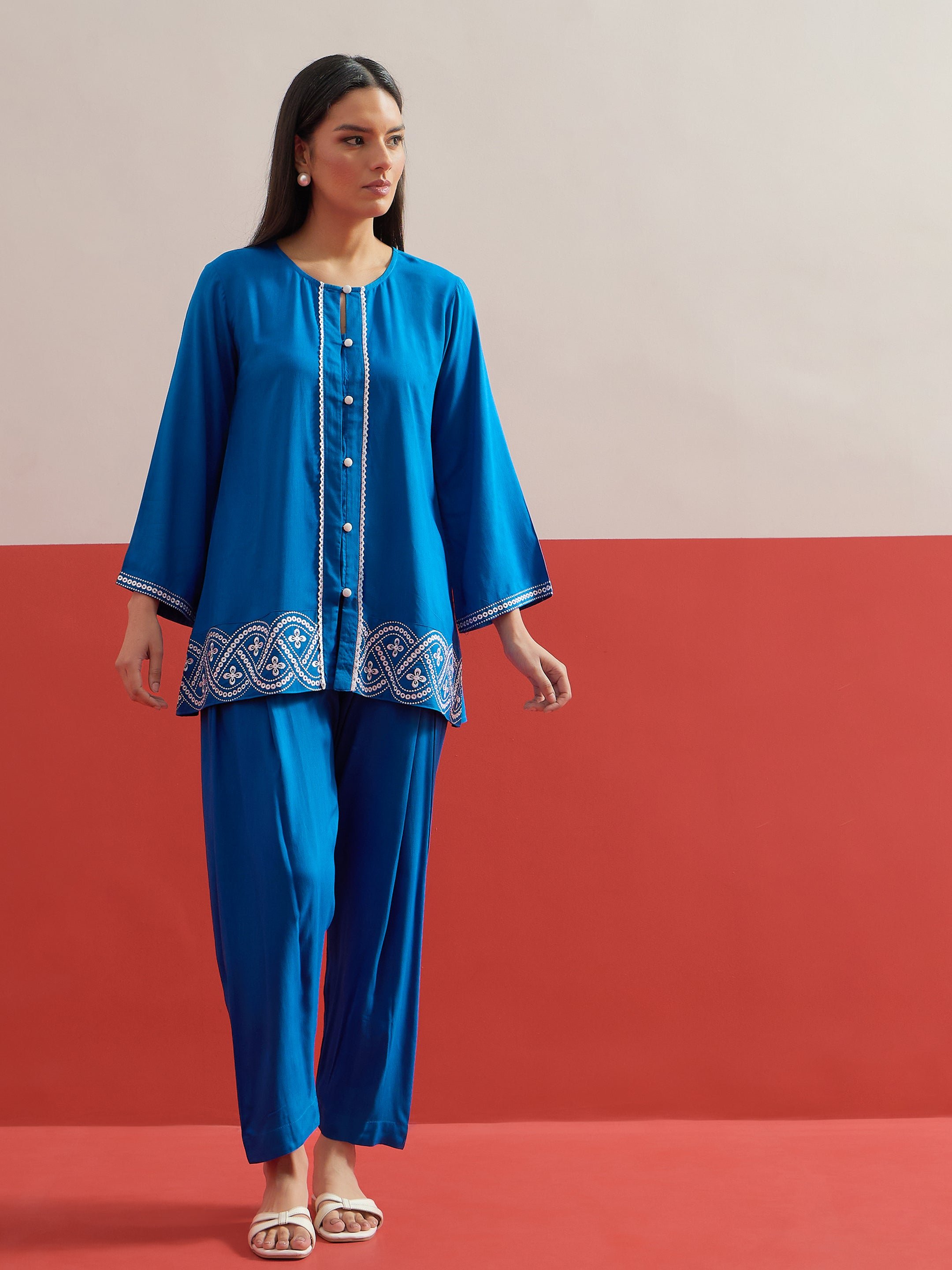 Blue Embroidered Button Down Short Kurti with Salwar Set