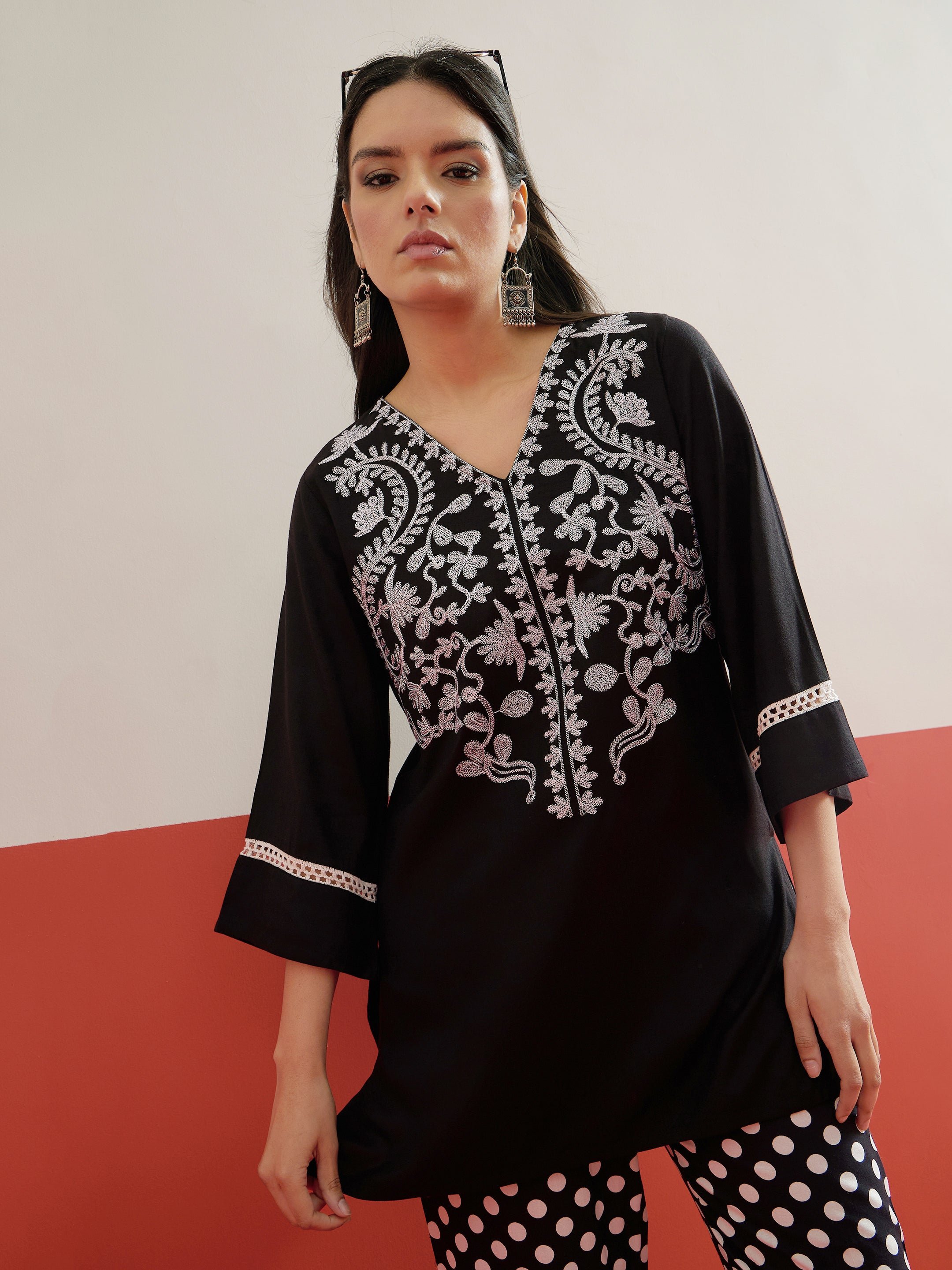 Black Embroidered Short Kurti with Polka Pants Set