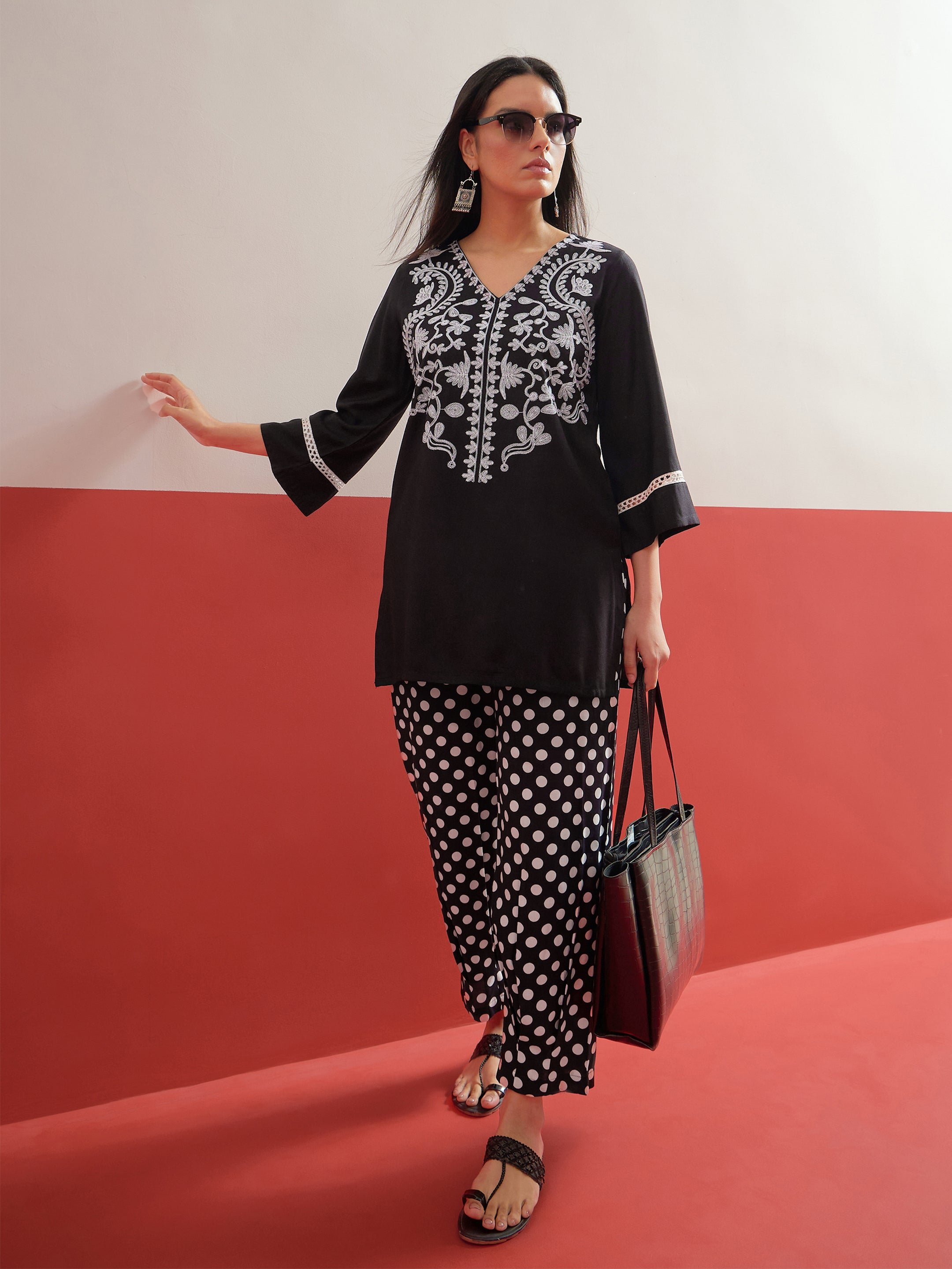 Black Embroidered Short Kurti with Polka Pants Set