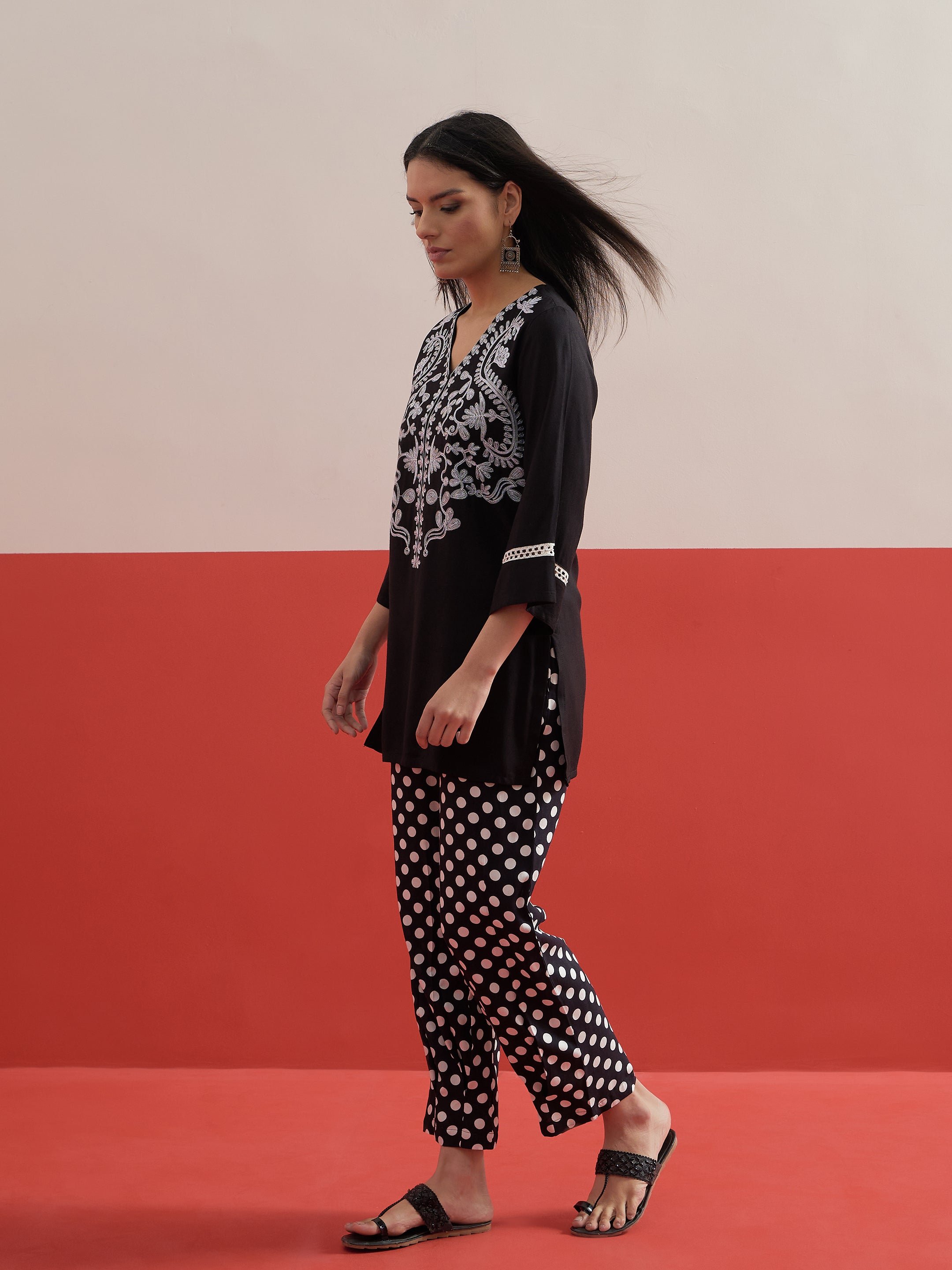 Black Embroidered Short Kurti with Polka Pants Set