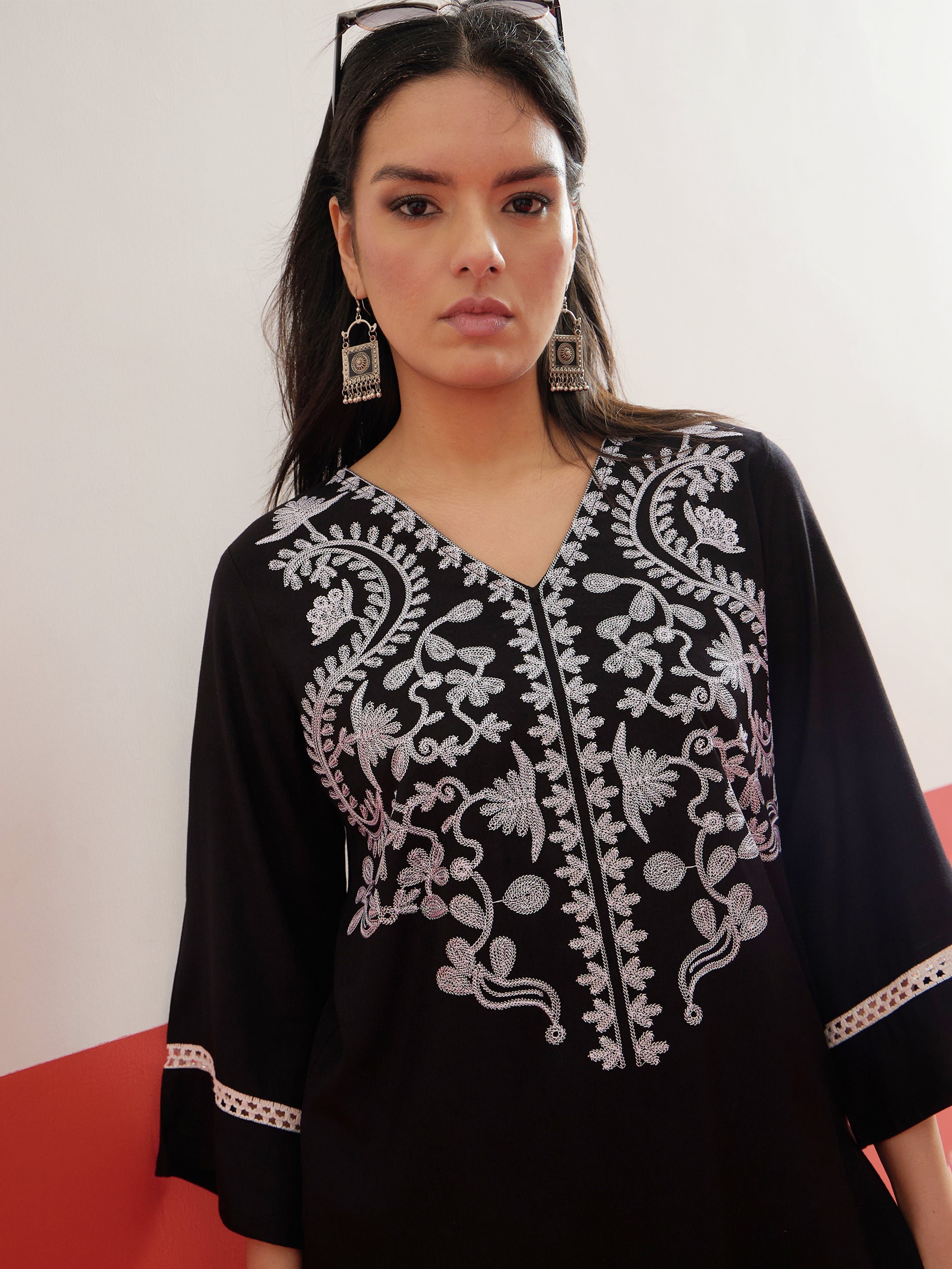 Black Embroidered Short Kurti with Polka Pants Set