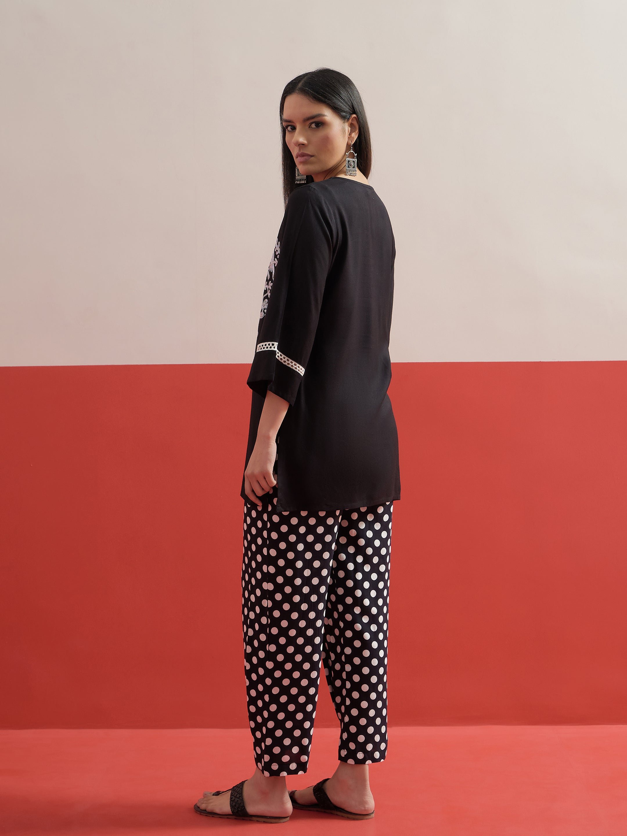 Black Embroidered Short Kurti with Polka Pants Set