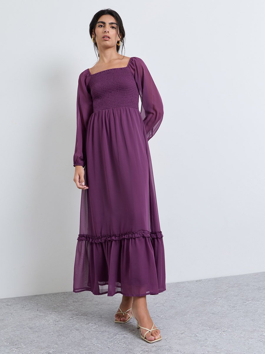 Purple A-Line Maxi Dress with Long Sleeves