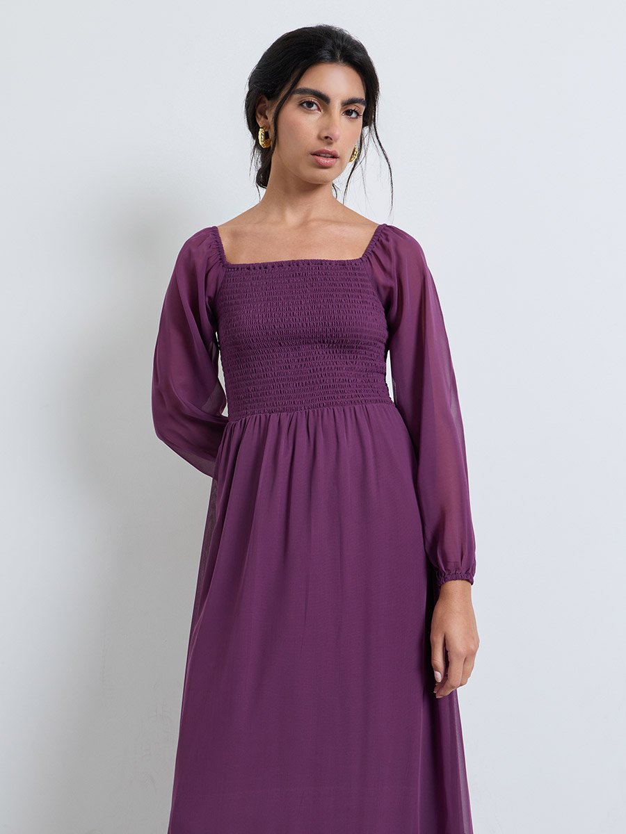 Purple A-Line Maxi Dress with Long Sleeves