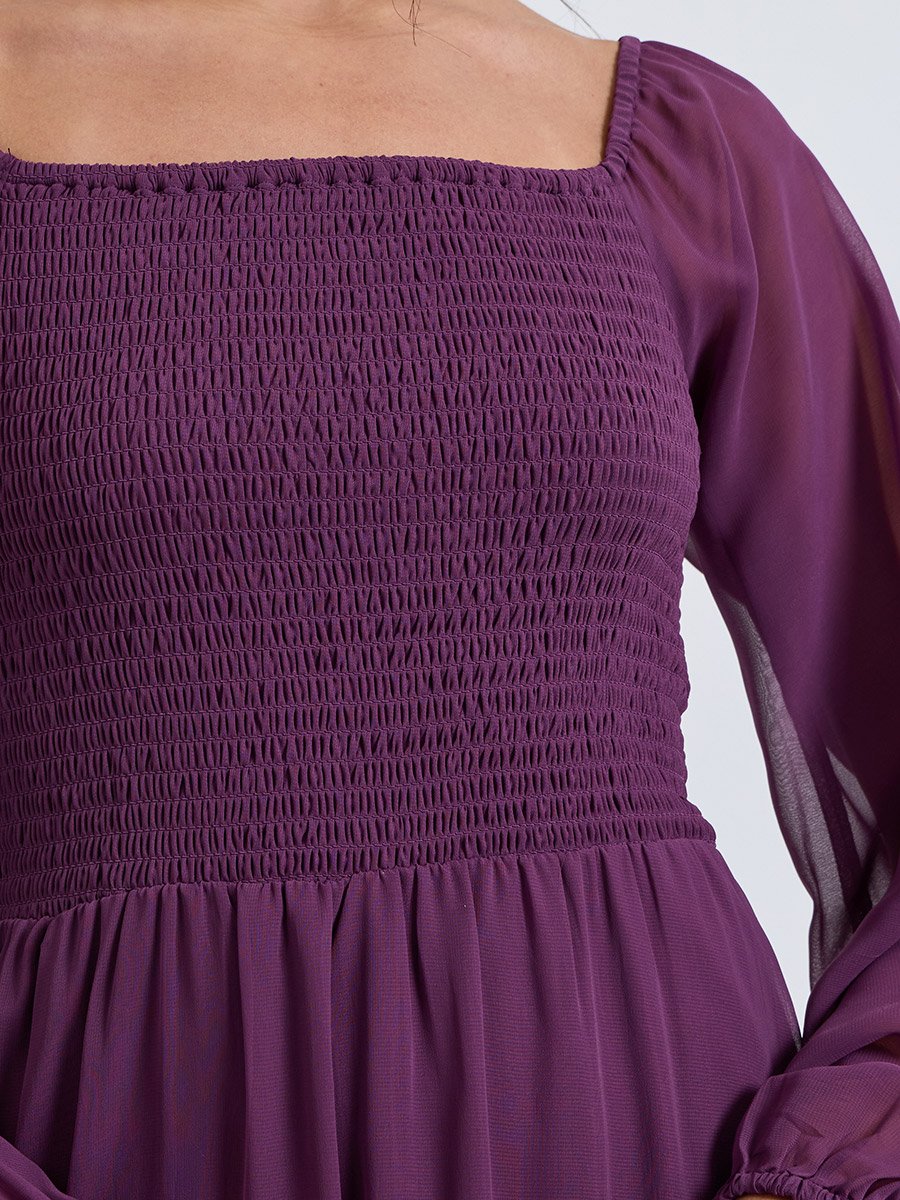 Purple A-Line Maxi Dress with Long Sleeves