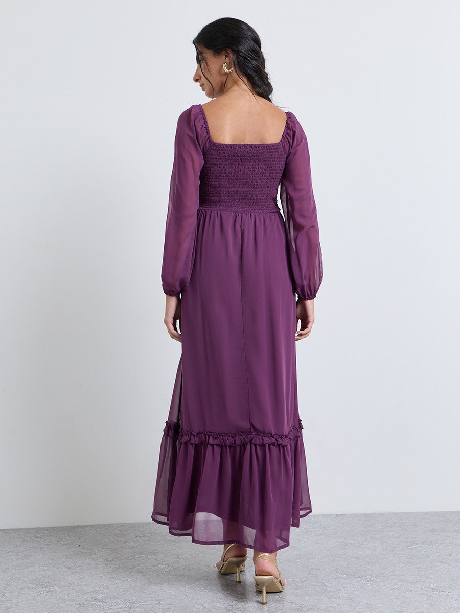 Purple A-Line Maxi Dress with Long Sleeves