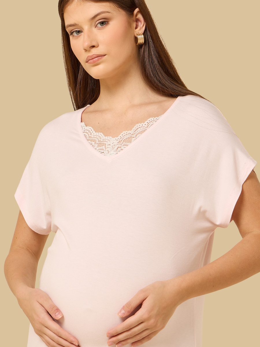 Lace Trim Maternity Sleepshirt with Side Slit