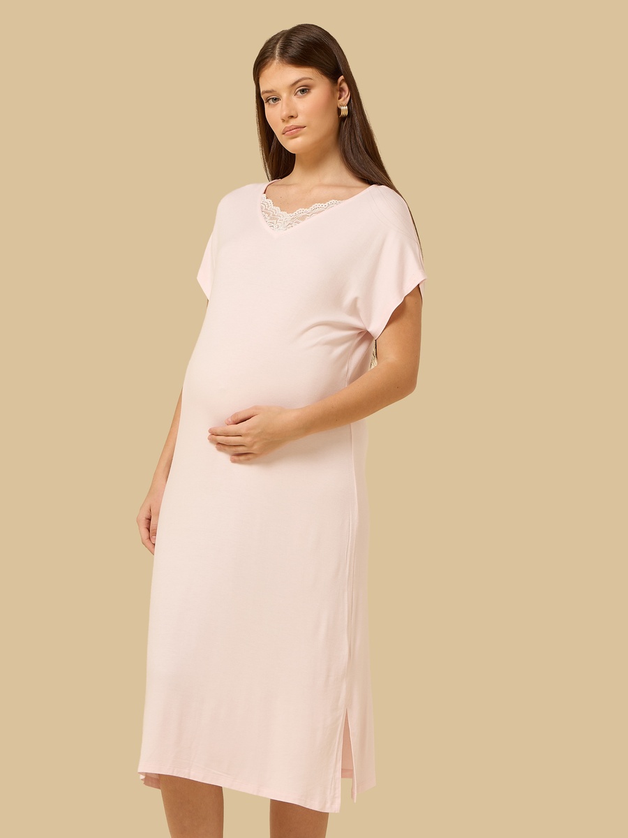 Lace Trim Maternity Sleepshirt with Side Slit
