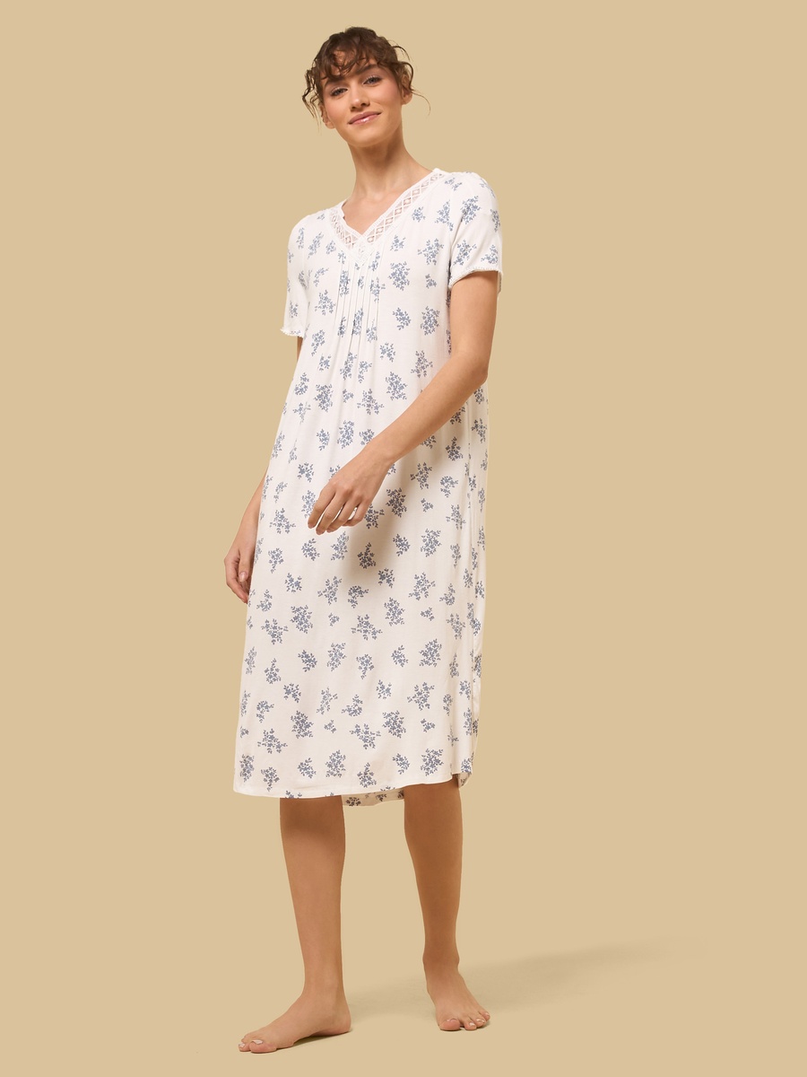 Floral Print Pintuck Viscose Night Dress