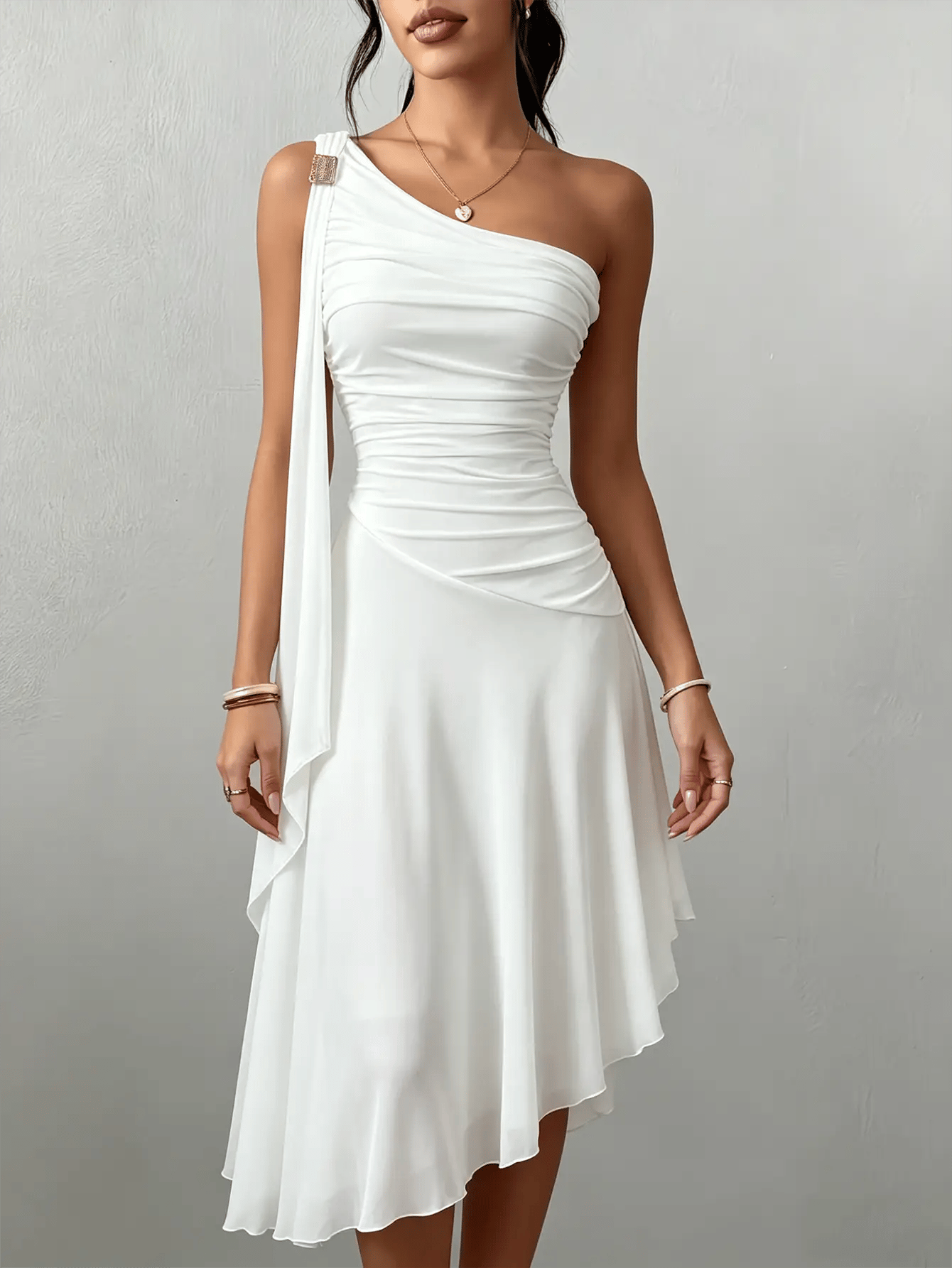 White One-Shoulder Chiffon Midi Dress