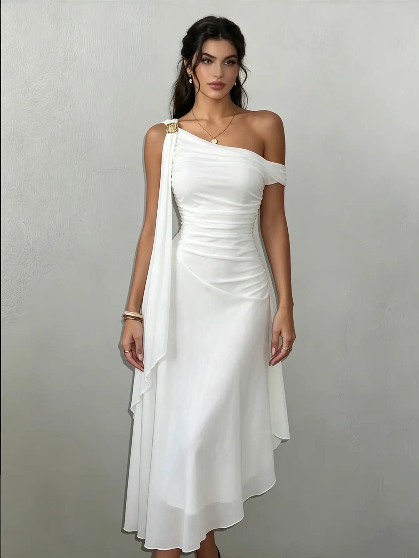 White One-Shoulder Chiffon Midi Dress