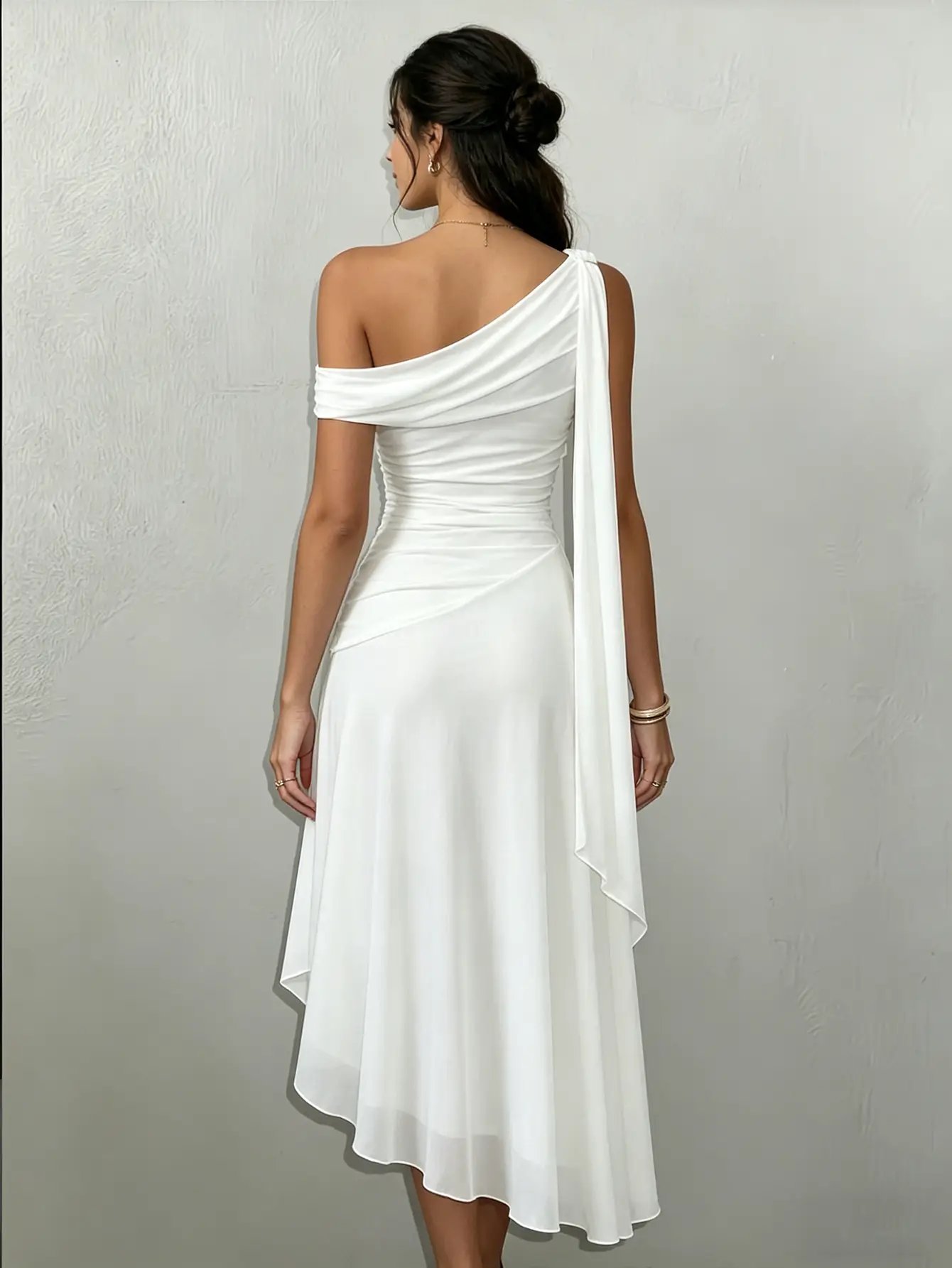 White One-Shoulder Chiffon Midi Dress