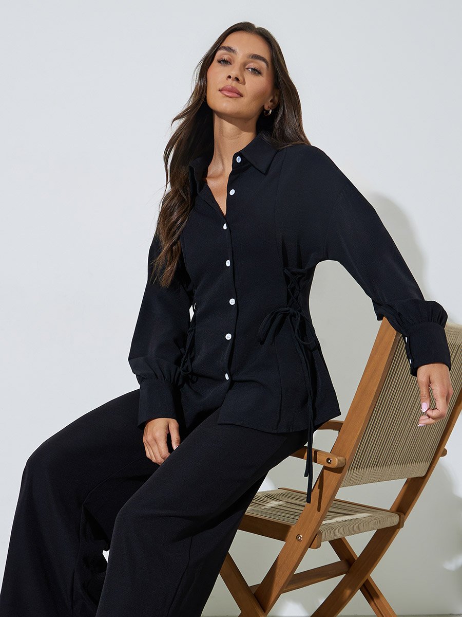 Black Solid Long Sleeves Shirt and Pants Co-Ords