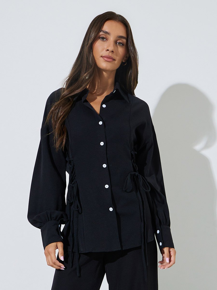 Black Solid Long Sleeves Shirt and Pants Co-Ords