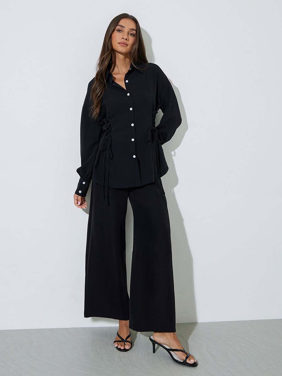 Black Solid Long Sleeves Shirt and Pants Co-Ords