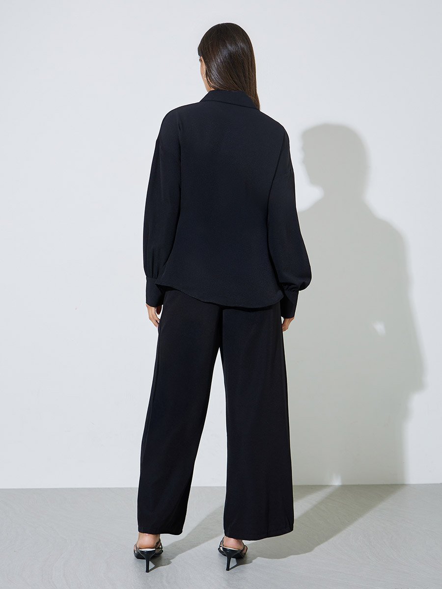 Black Solid Long Sleeves Shirt and Pants Co-Ords