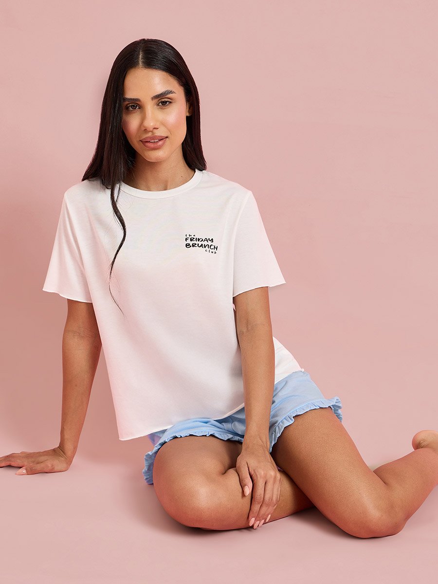 Multi-Color Printed T-Shirt and Solid Ruffle Details Shorts Pyjama Set