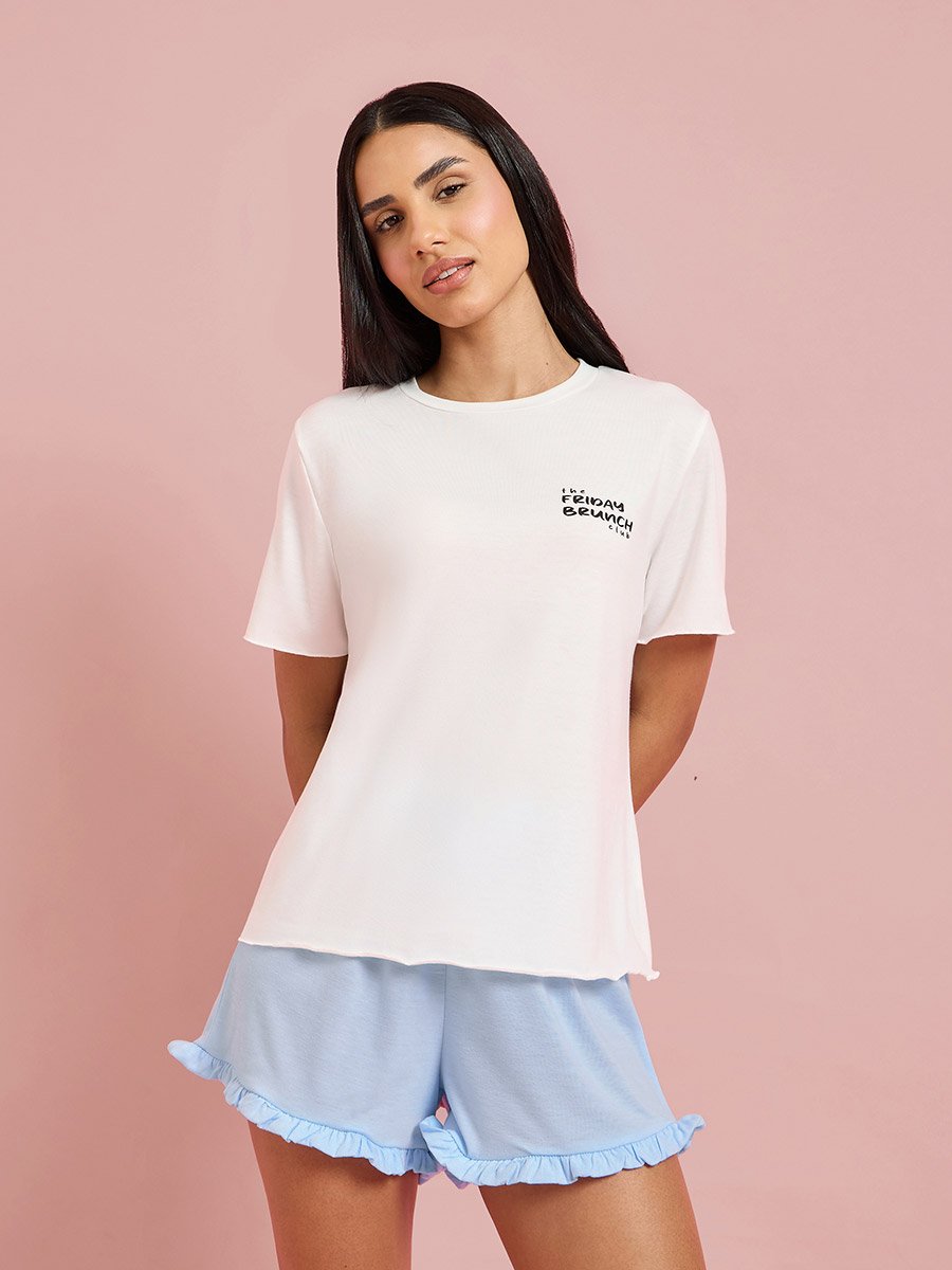 Multi-Color Printed T-Shirt and Solid Ruffle Details Shorts Pyjama Set