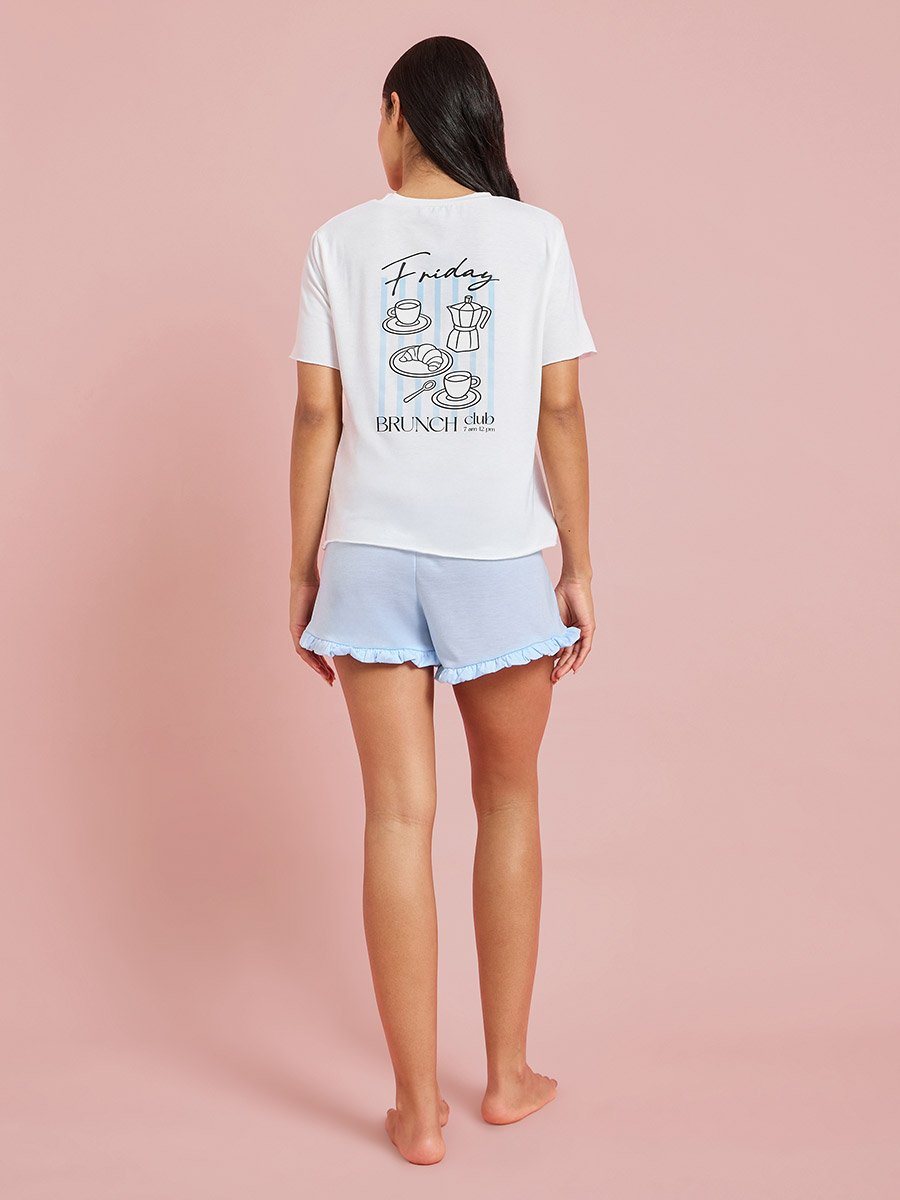 Multi-Color Printed T-Shirt and Solid Ruffle Details Shorts Pyjama Set