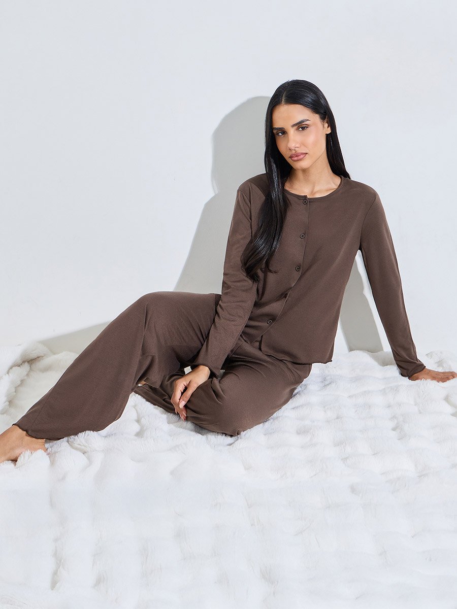 Brown Solid Button-Up Shirt and Wide Leg Pants Pyjama Set