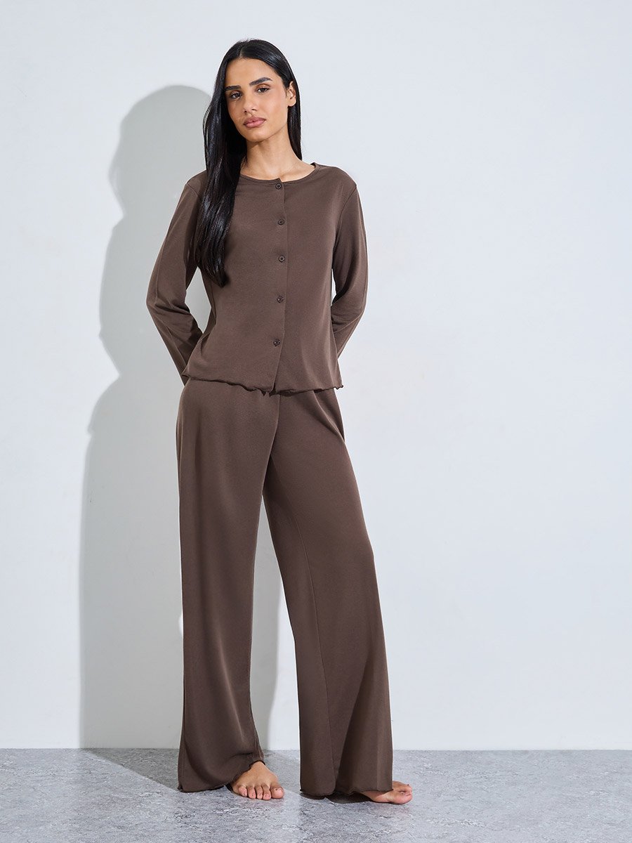 Brown Solid Button-Up Shirt and Wide Leg Pants Pyjama Set