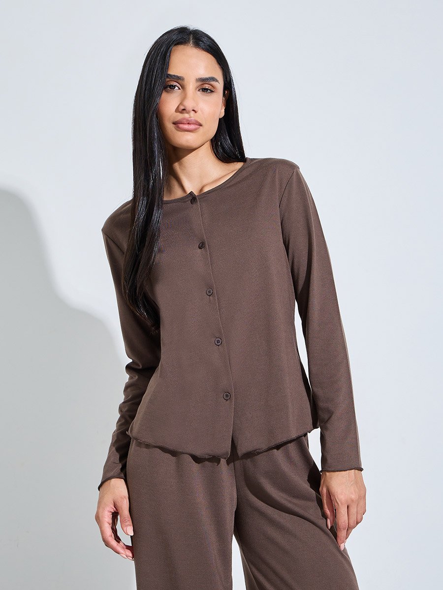 Brown Solid Button-Up Shirt and Wide Leg Pants Pyjama Set