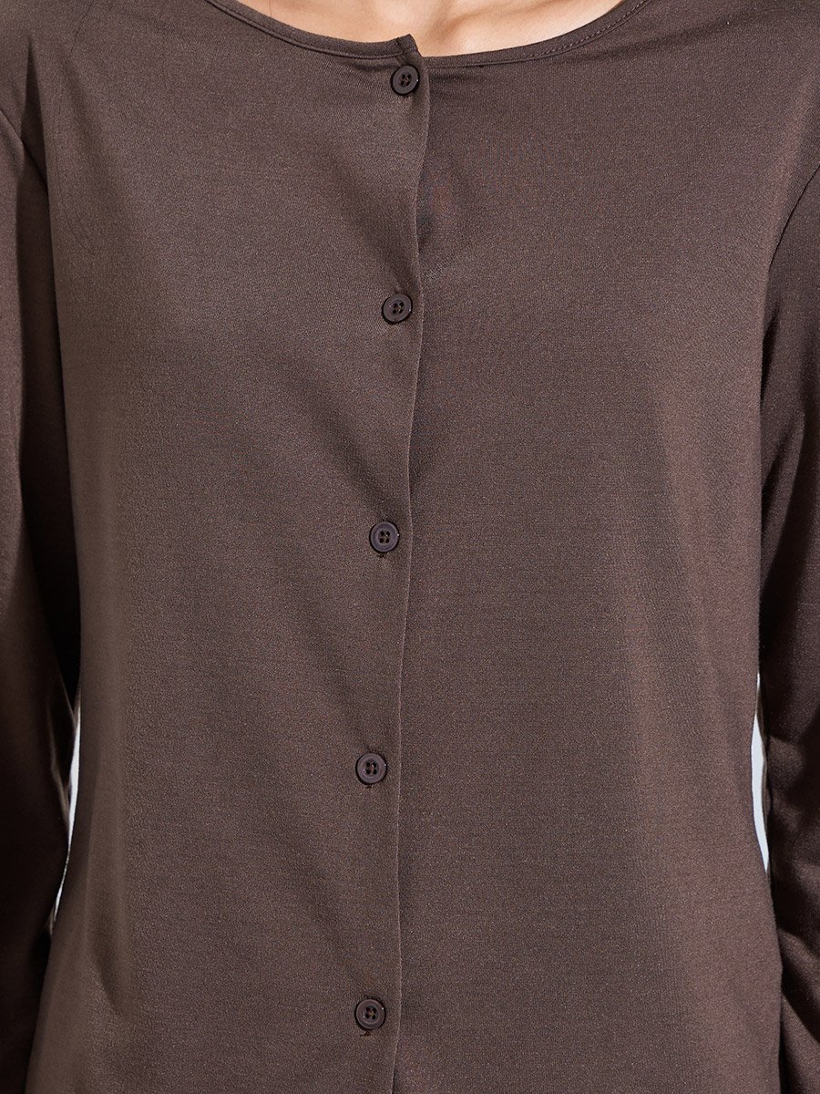 Brown Solid Button-Up Shirt and Wide Leg Pants Pyjama Set