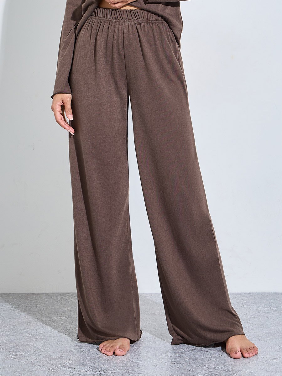 Brown Solid Button-Up Shirt and Wide Leg Pants Pyjama Set
