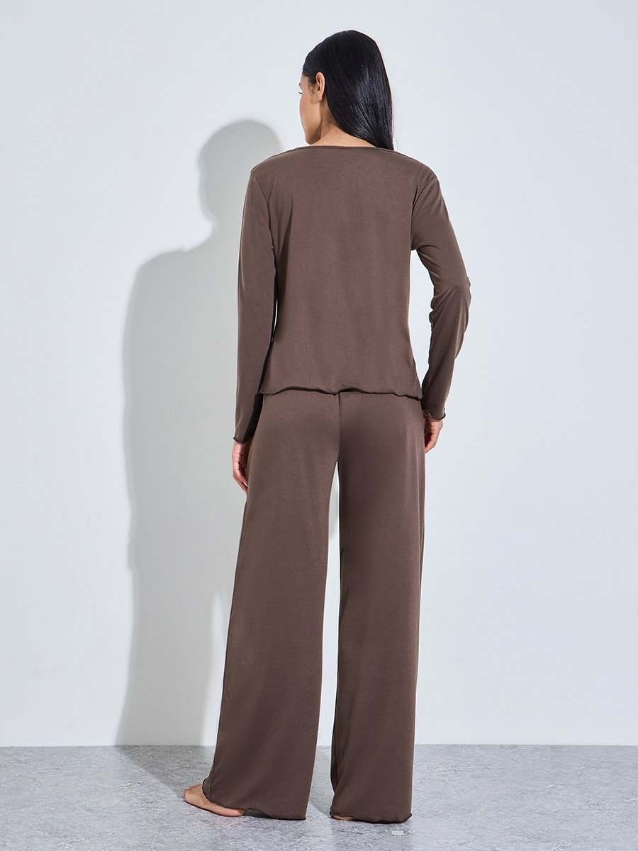 Brown Solid Button-Up Shirt and Wide Leg Pants Pyjama Set