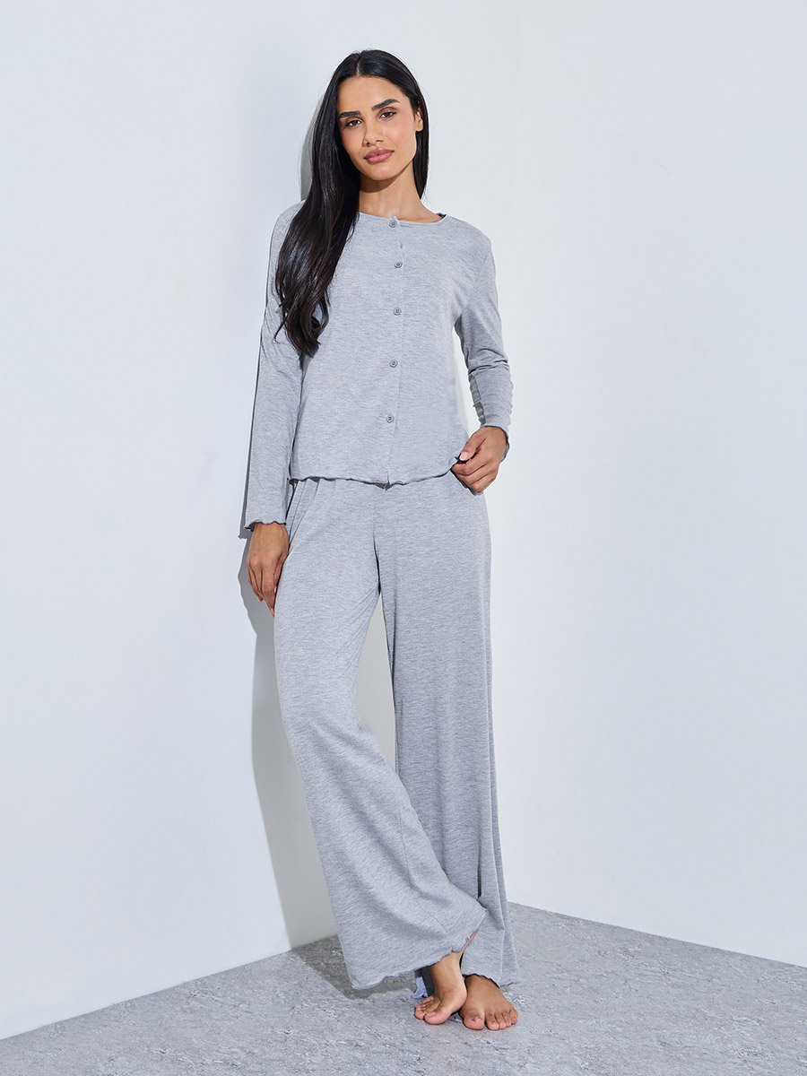 Grey Solid Button-Up Shirt and Wide Leg Pants Pyjama Set