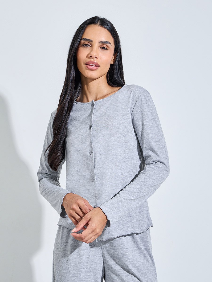 Grey Solid Button-Up Shirt and Wide Leg Pants Pyjama Set