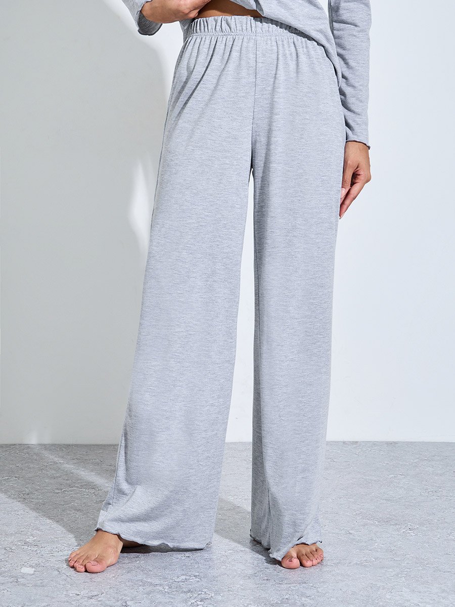 Grey Solid Button-Up Shirt and Wide Leg Pants Pyjama Set