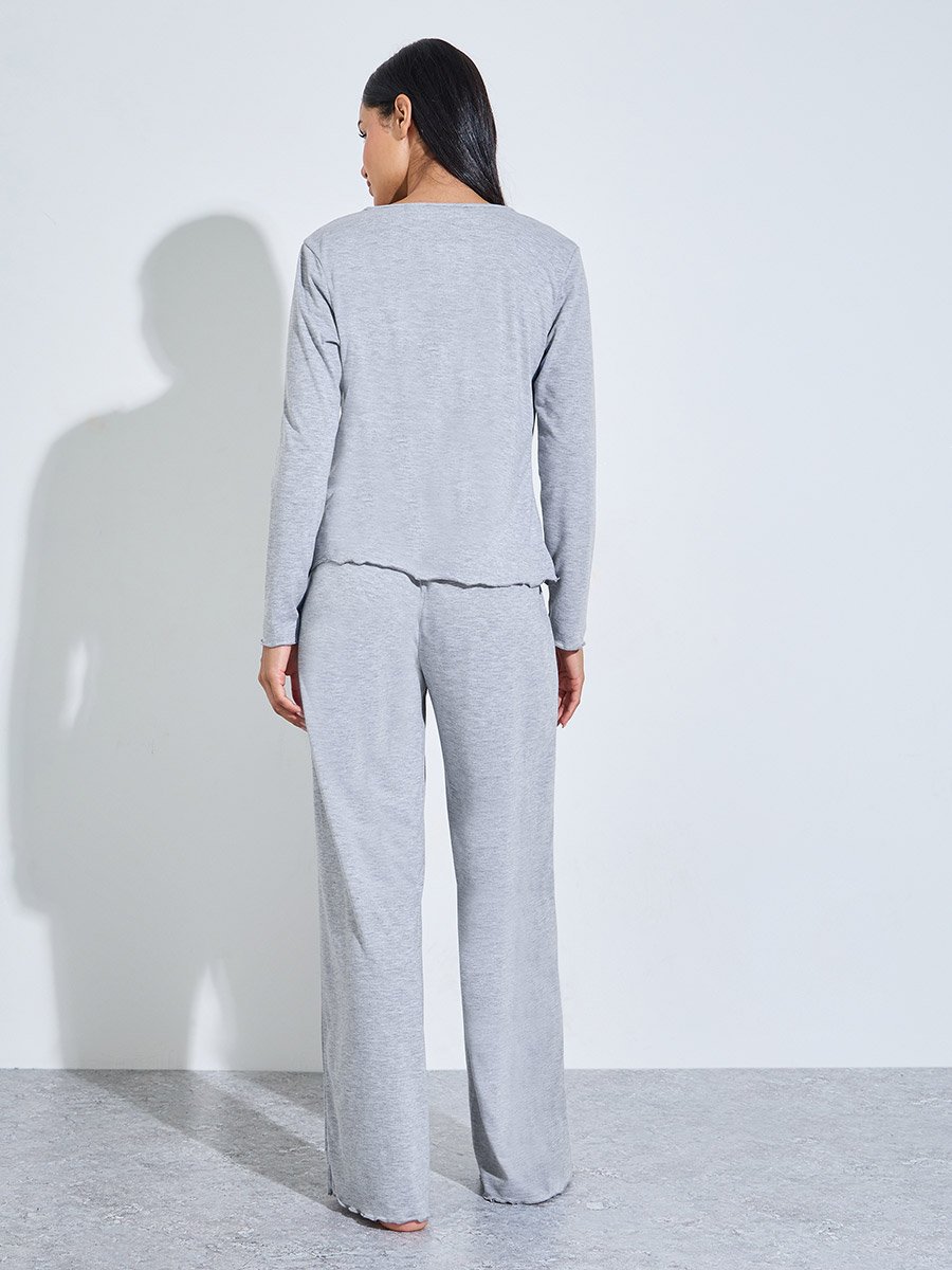 Grey Solid Button-Up Shirt and Wide Leg Pants Pyjama Set