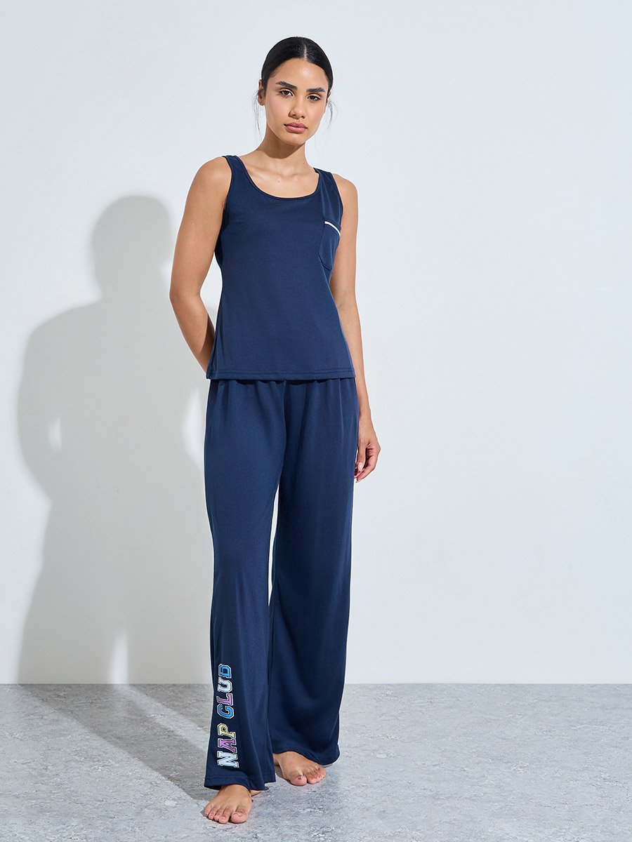Navy Blue Solid Pocket Detail Tank and Printed Pants Pyjama Set
