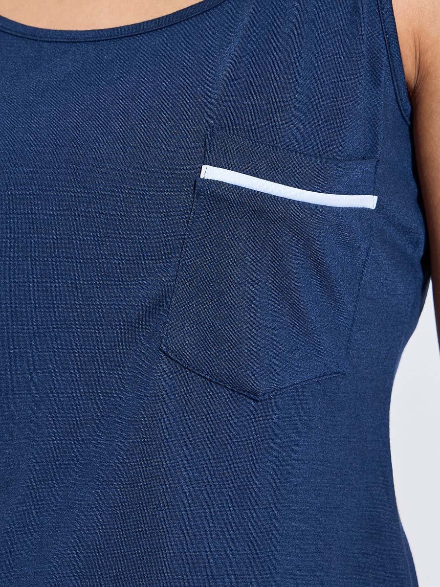 Navy Blue Solid Pocket Detail Tank and Printed Pants Pyjama Set